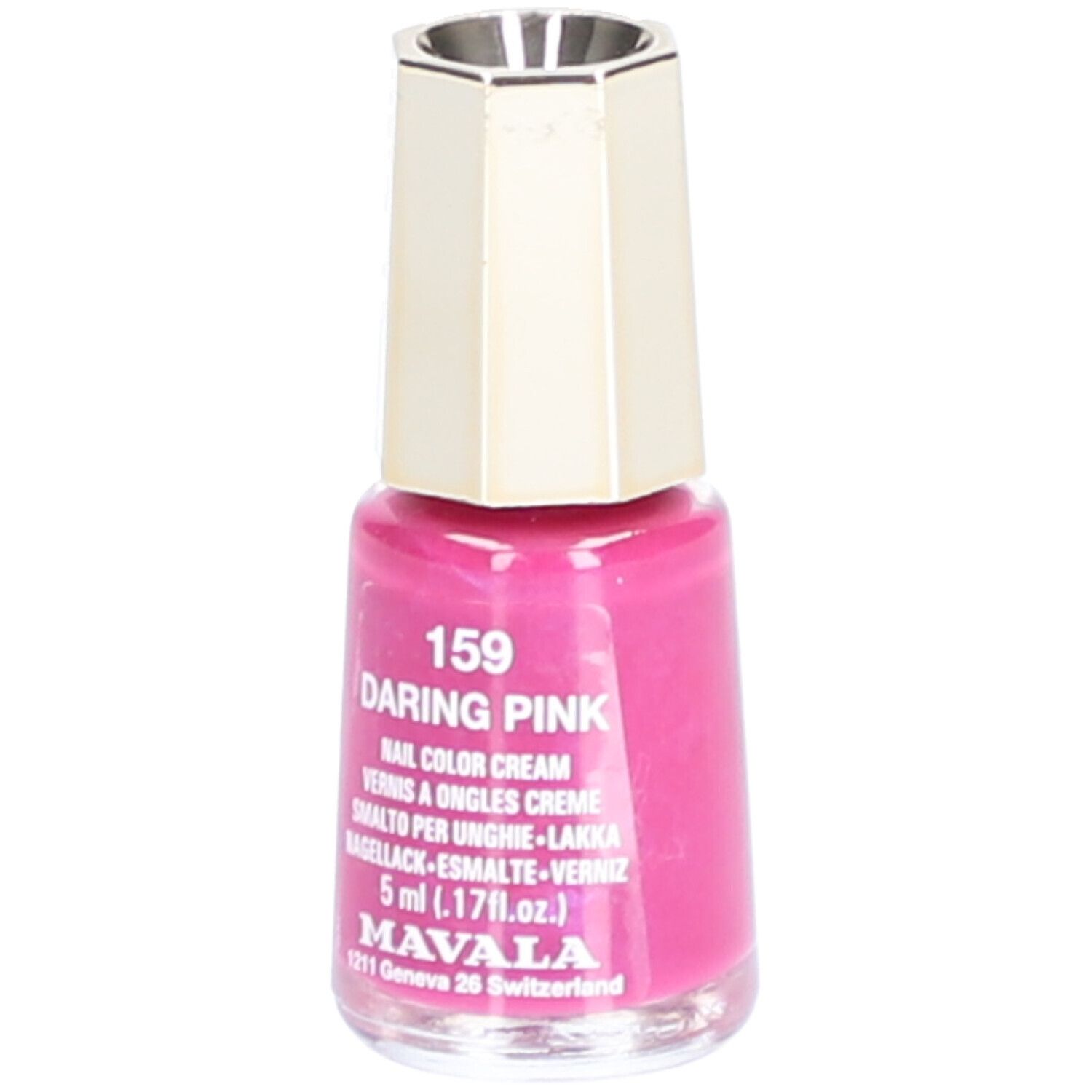 Nagellackflasche mit pinkem Inhalt. Goldfarbener Deckel. Aufschrift: 159 Daring Pink, Nail Color Creme, 5 ml.
