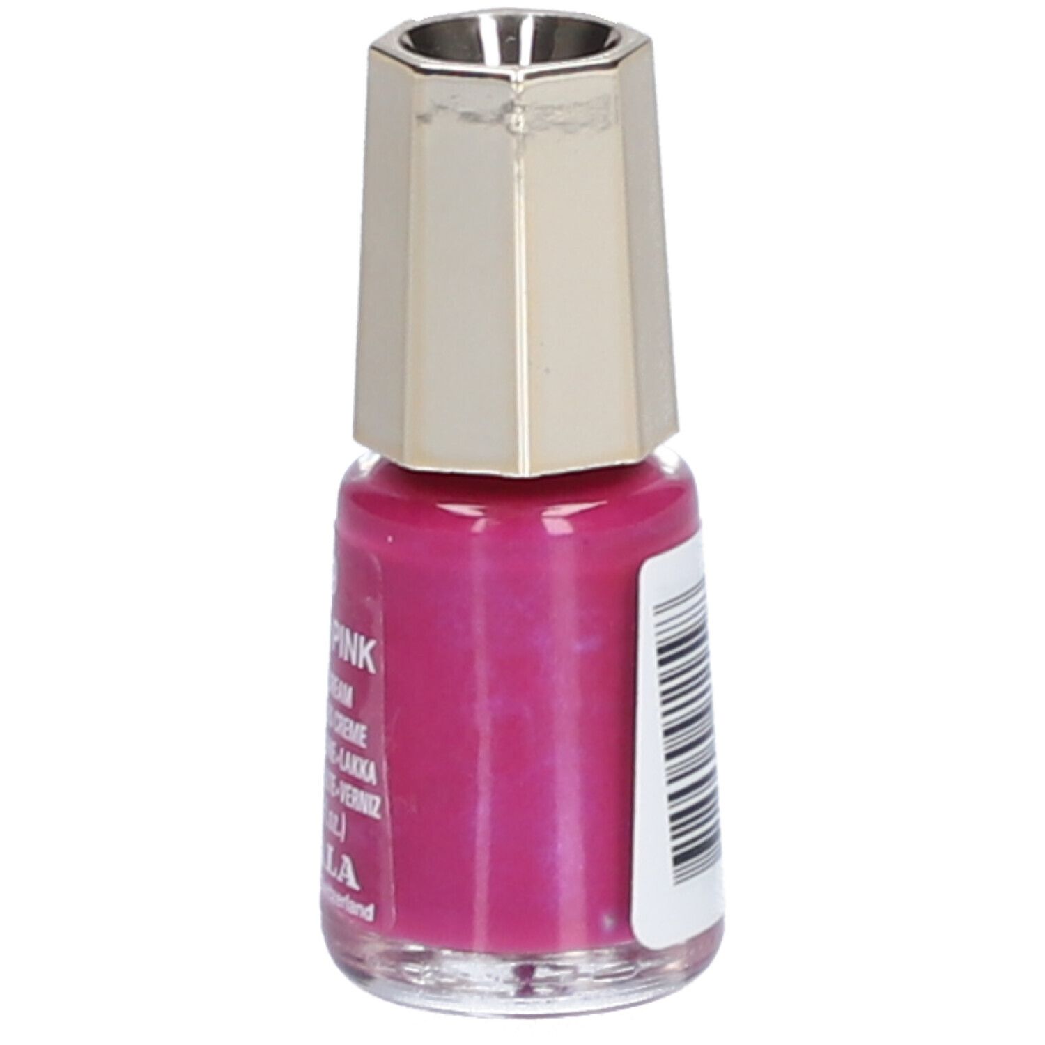 Nagellackflasche mit pinkem Inhalt. Goldfarbener Deckel. Aufschrift teilweise sichtbar.