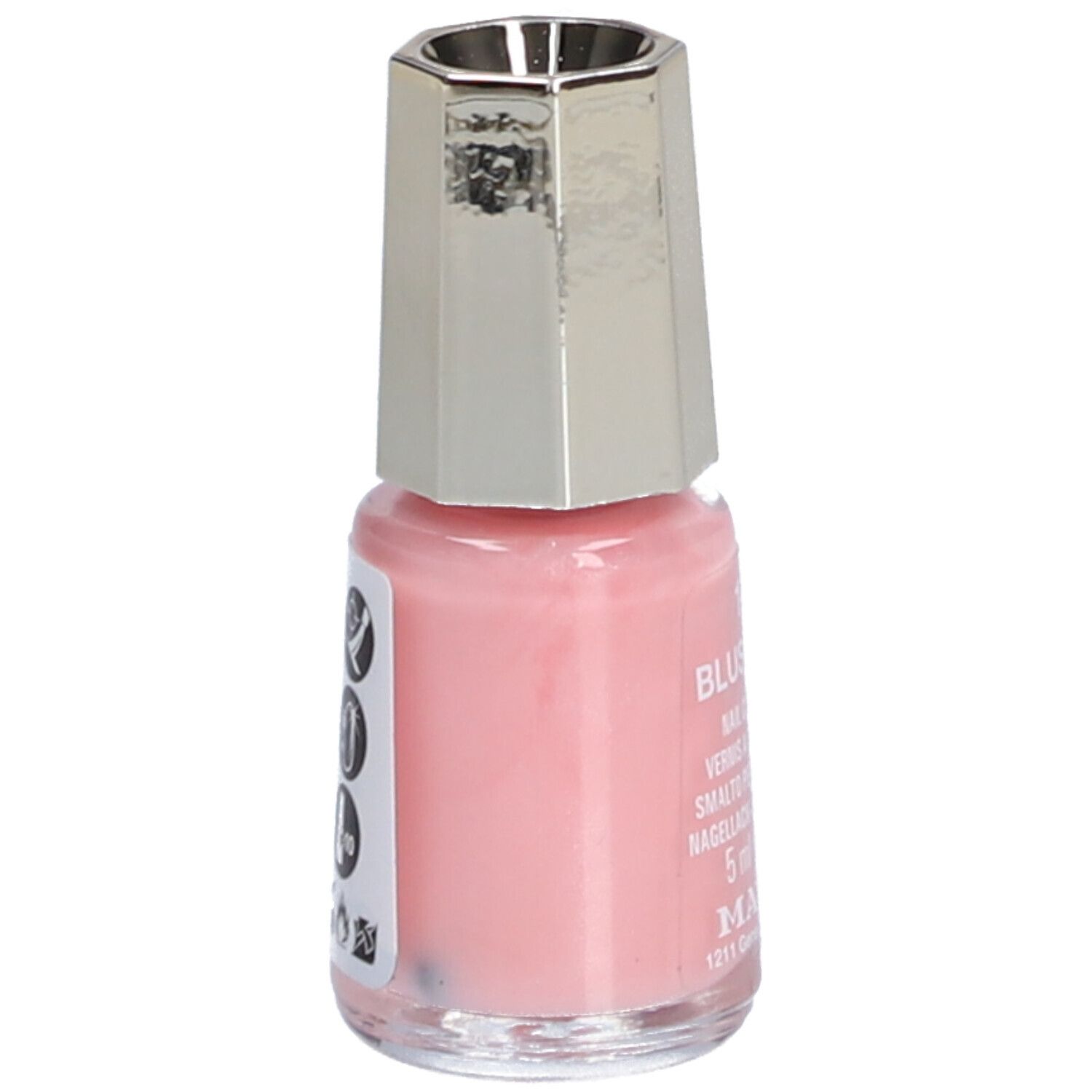 Flacon de vernis à ongles rose avec bouchon argenté. Autocollant avec symboles et texte.