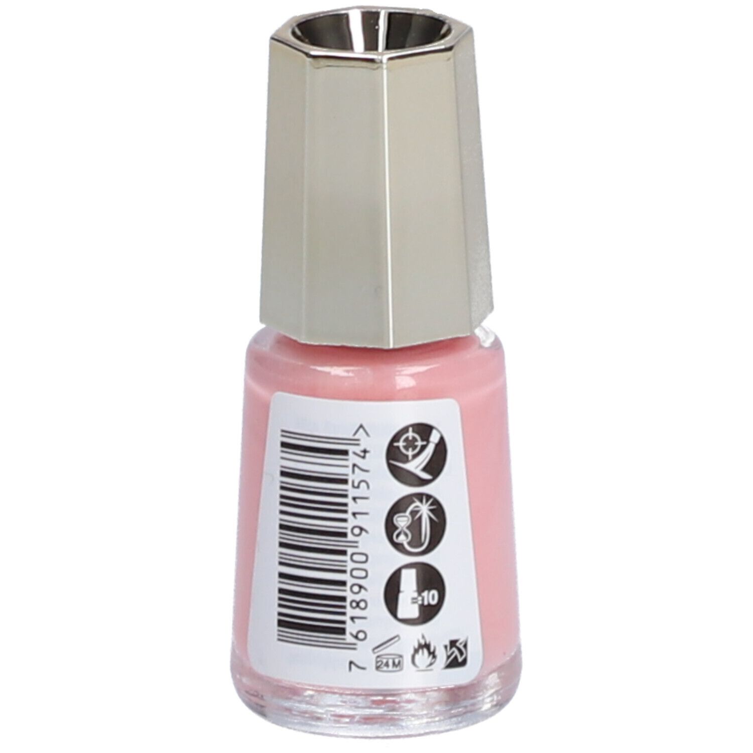 Flacon de vernis à ongles rose avec bouchon argenté. Dos avec code-barres et symboles.