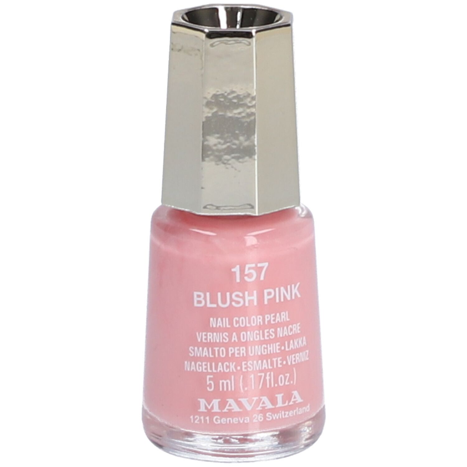 Flacon de vernis à ongles rose avec bouchon argenté. Inscription : 157 BLUSH PINK, 5 ml, MAVALA.
