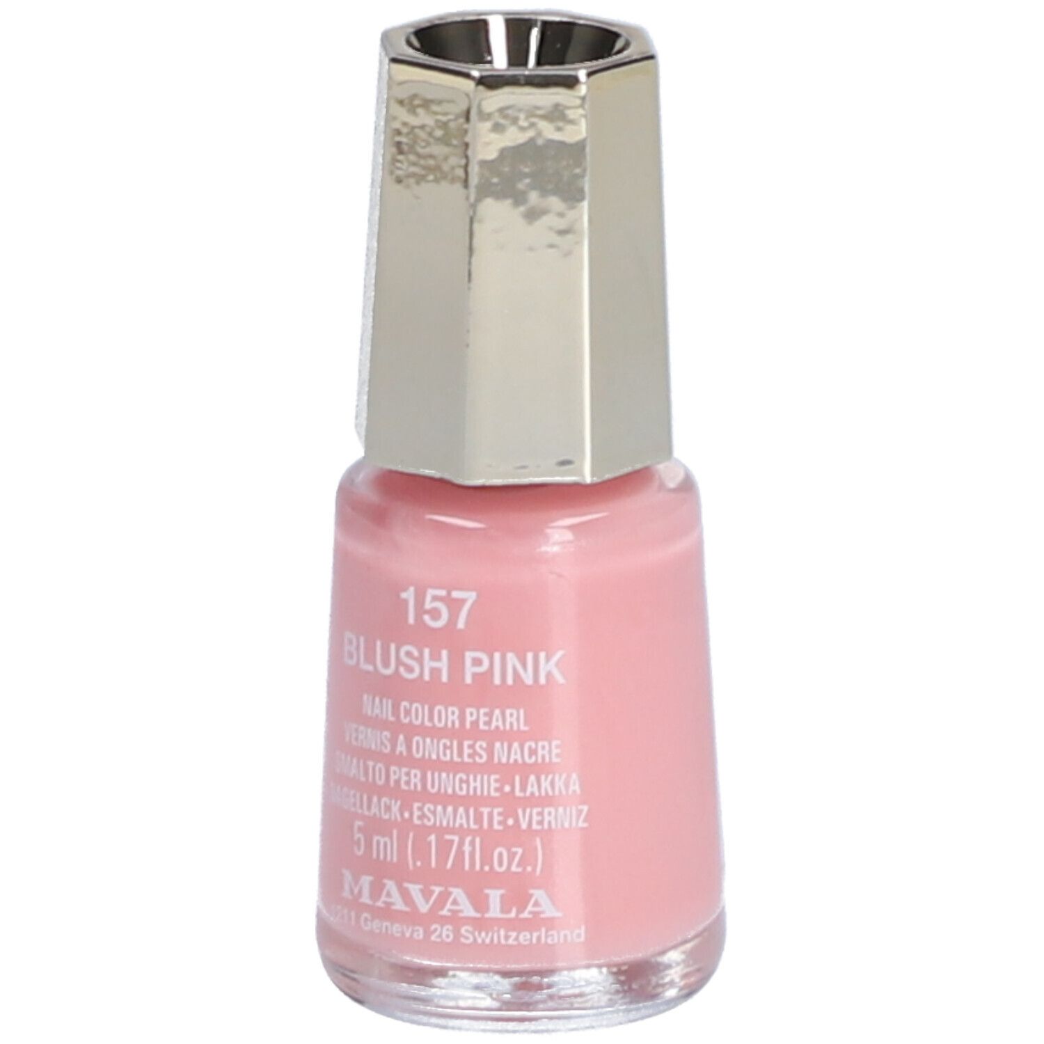 Flacon de vernis à ongles rose avec bouchon argenté. Inscription : 157 BLUSH PINK, 5 ml, MAVALA.