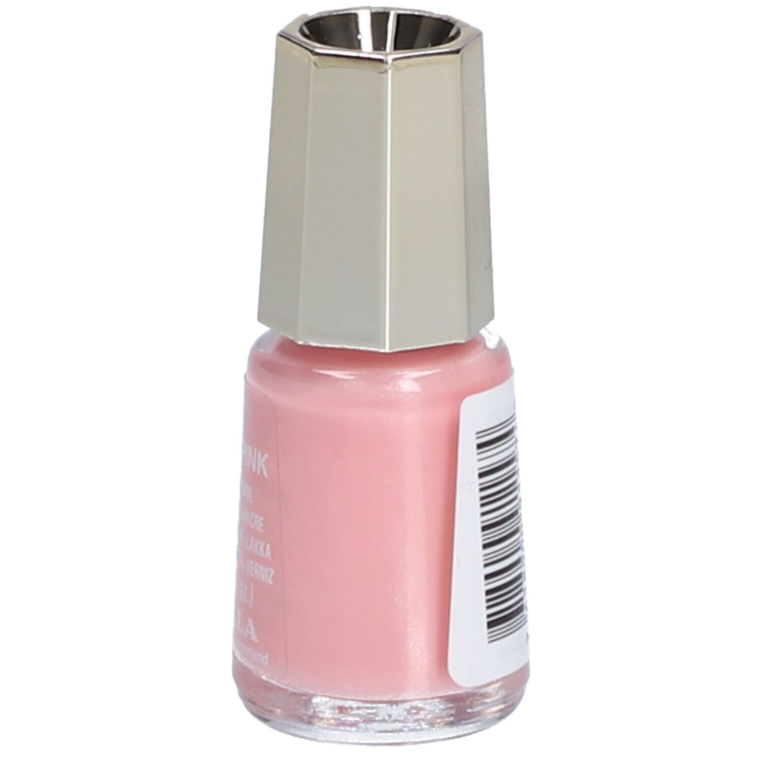 Flacon de vernis à ongles rose avec bouchon argenté. Dos avec code-barres.