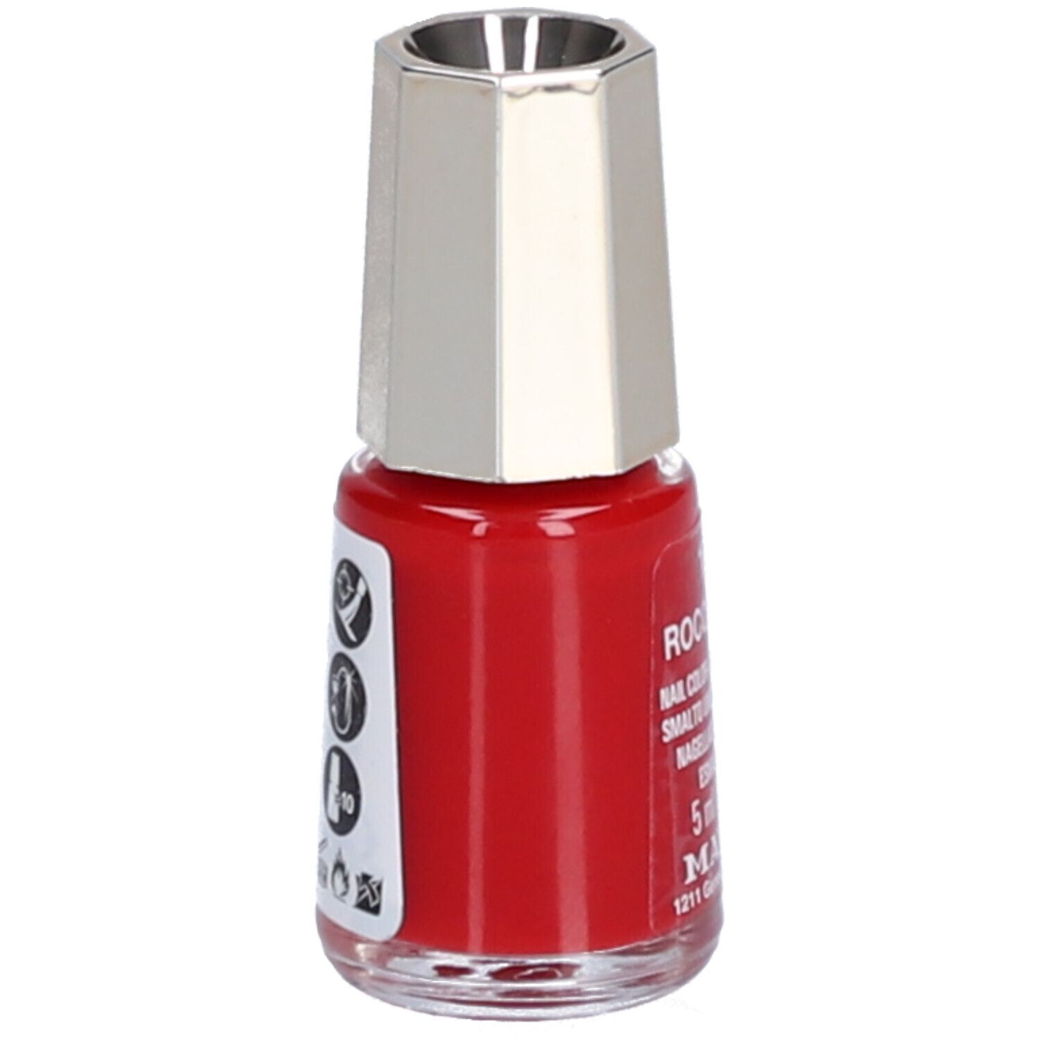 Roter Nagellackflakon mit silberfarbenem Deckel. Auf der Seite Symbole und Text.