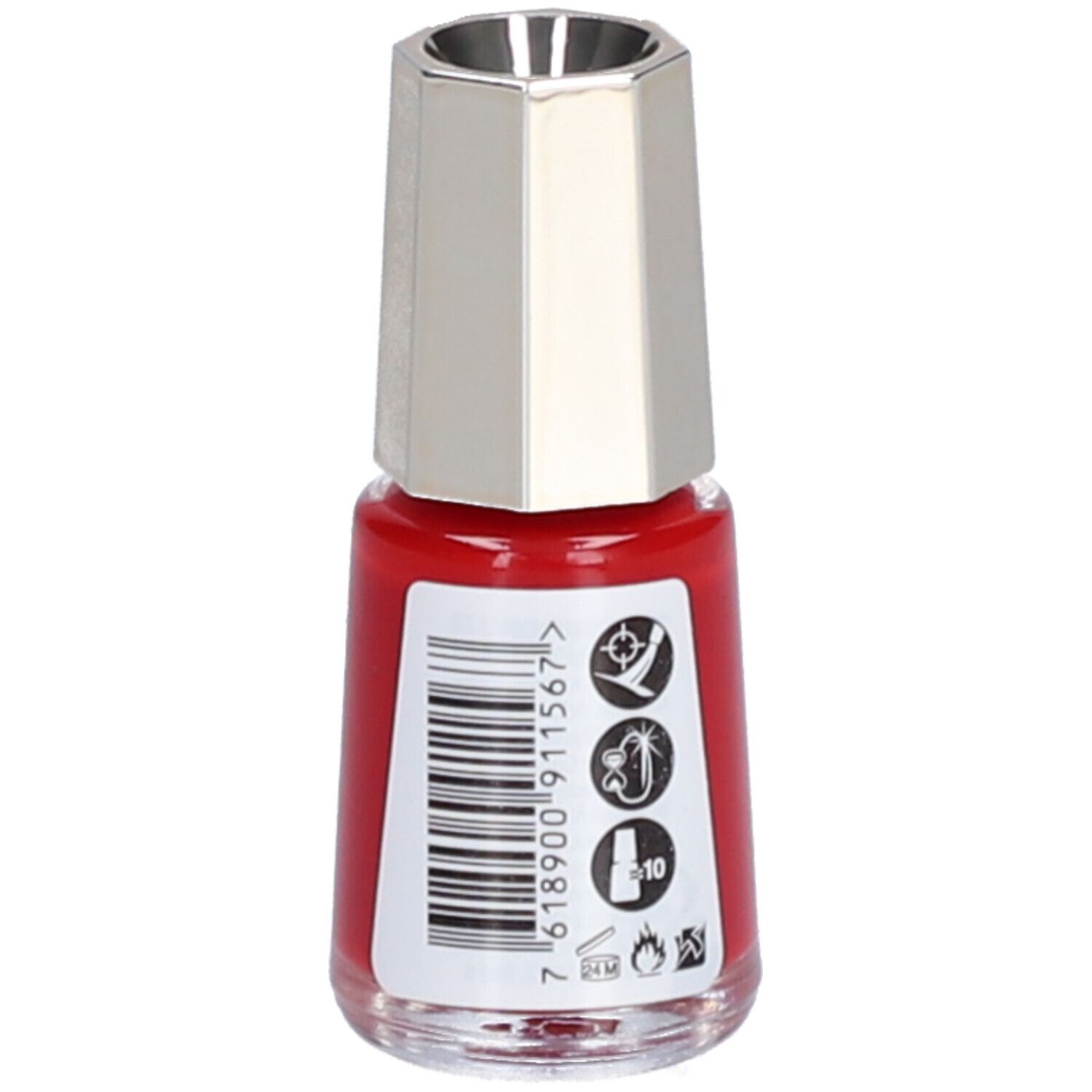 Roter Nagellackflakon mit silberfarbenem Deckel. Rückseite mit Barcode und Symbolen.