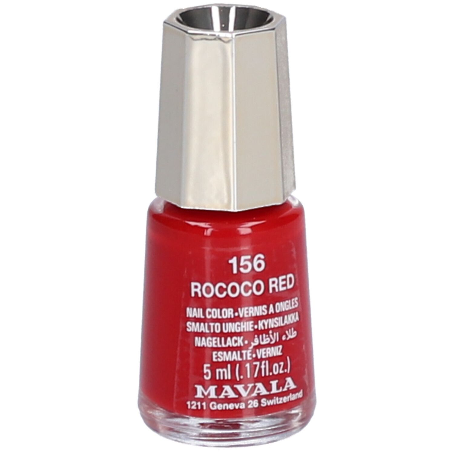 Roter Nagellackflakon mit silberfarbenem Deckel. Aufschrift: Rococo Red, 5 ml, Mavala.