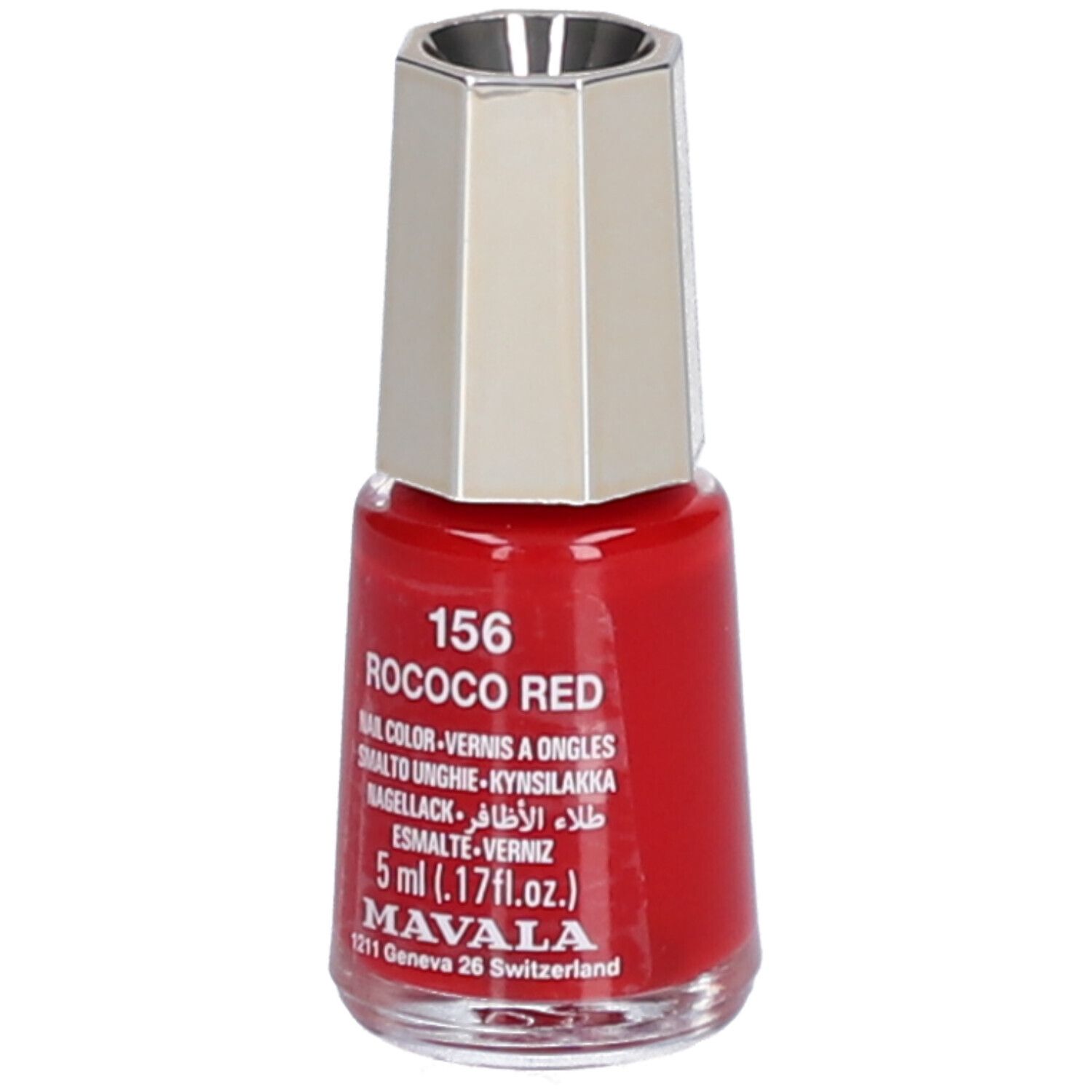 Roter Nagellackflakon mit silberfarbenem Deckel. Aufschrift: Rococo Red, 5 ml, Mavala.