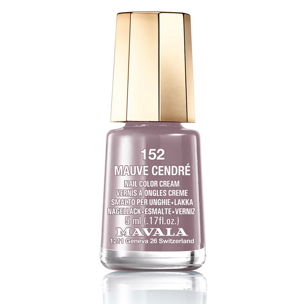 Flacon de vernis à ongles avec bouchon doré. Couleur: Mauve Cendré. Marque: Mavala. Texte: 152, Nail Color Cream.