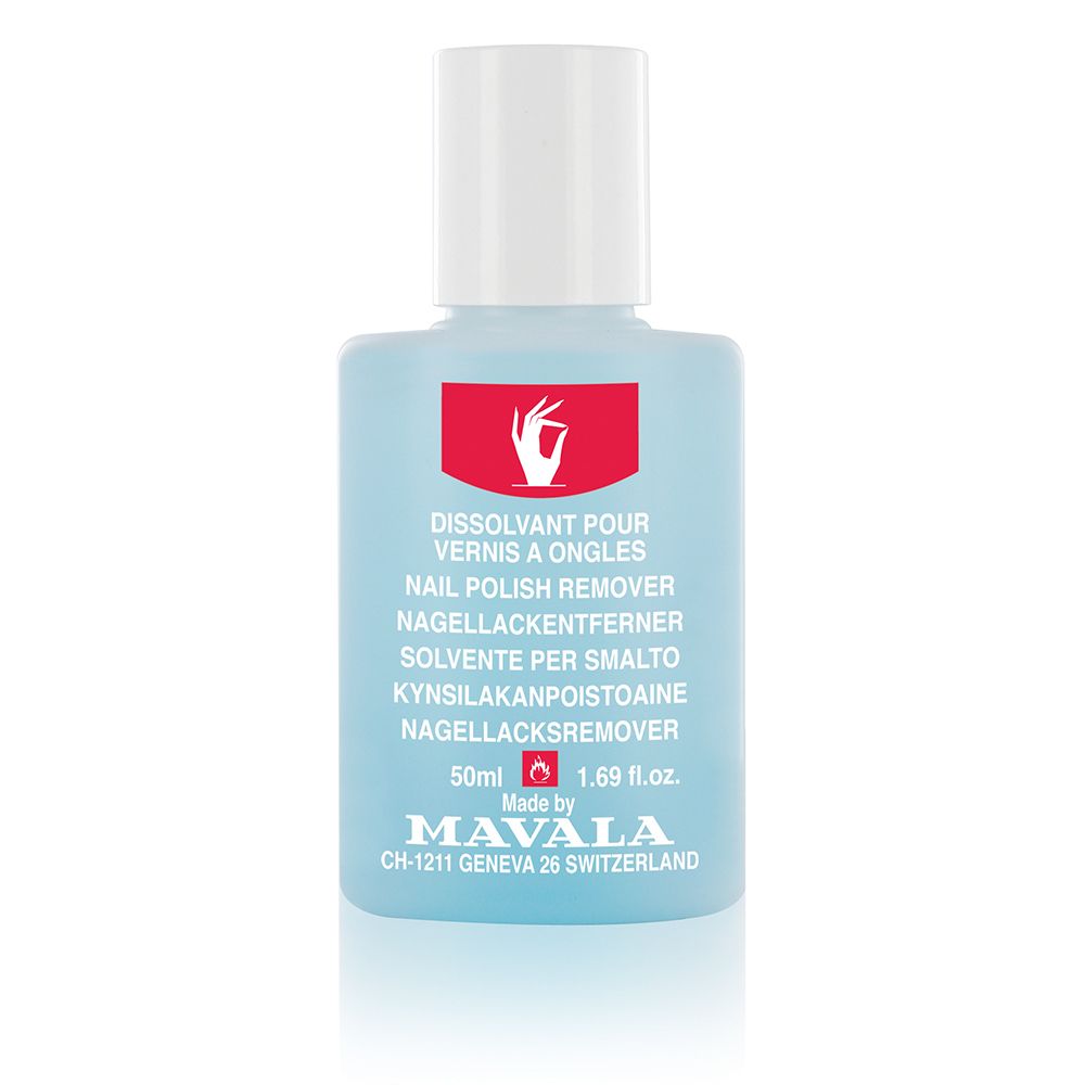 Hellblaue Flasche mit weißem Deckel. Rotes Etikett mit Text: Nagellackentferner, 50ml, Mavala.
