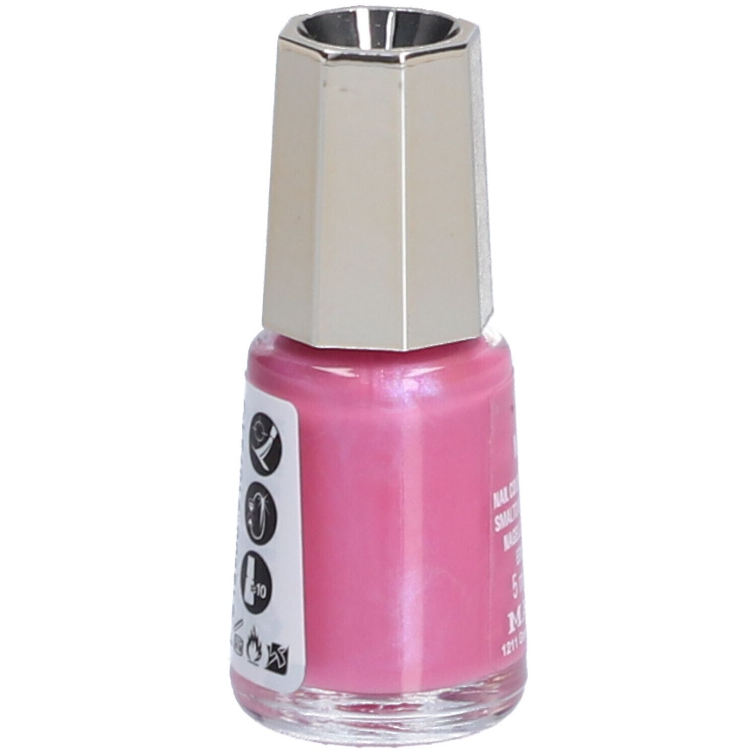 Flacon de vernis à ongles rose, bouchon argenté. Des symboles sont affichés sur le côté.