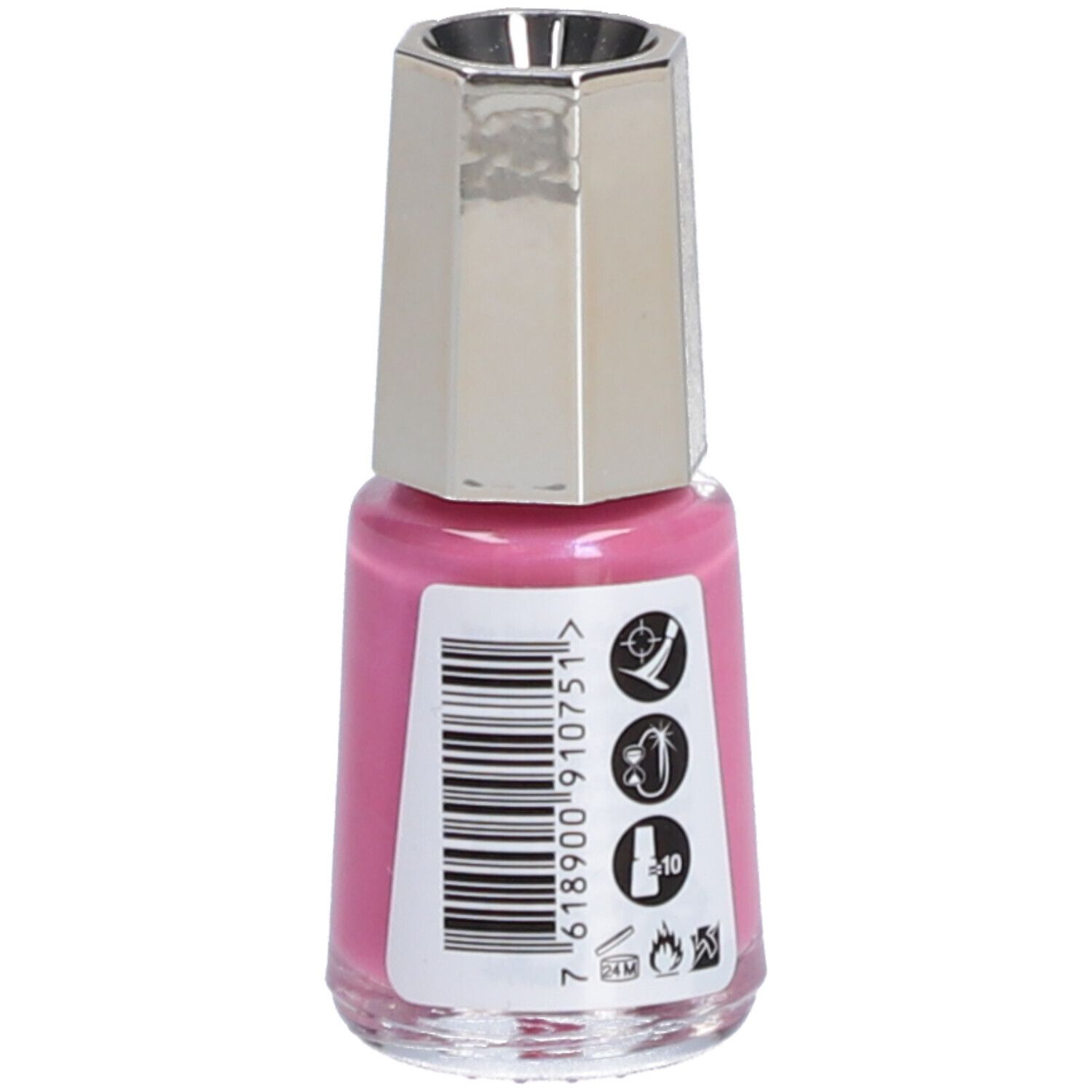 Flacon de vernis à ongles rose, bouchon argenté. Code-barres et symboles au dos.