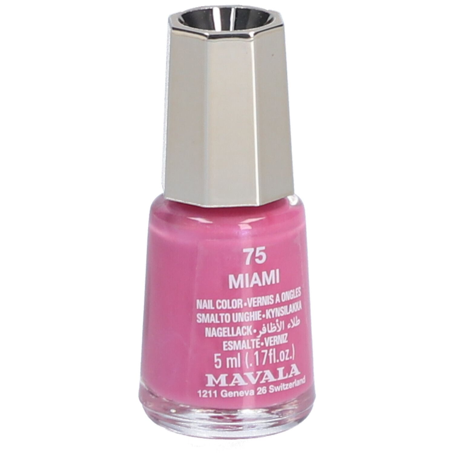 Flacon de vernis à ongles rose, bouchon argenté. Inscription : 75 Miami, vernis à ongles, 5 ml, Mavala.