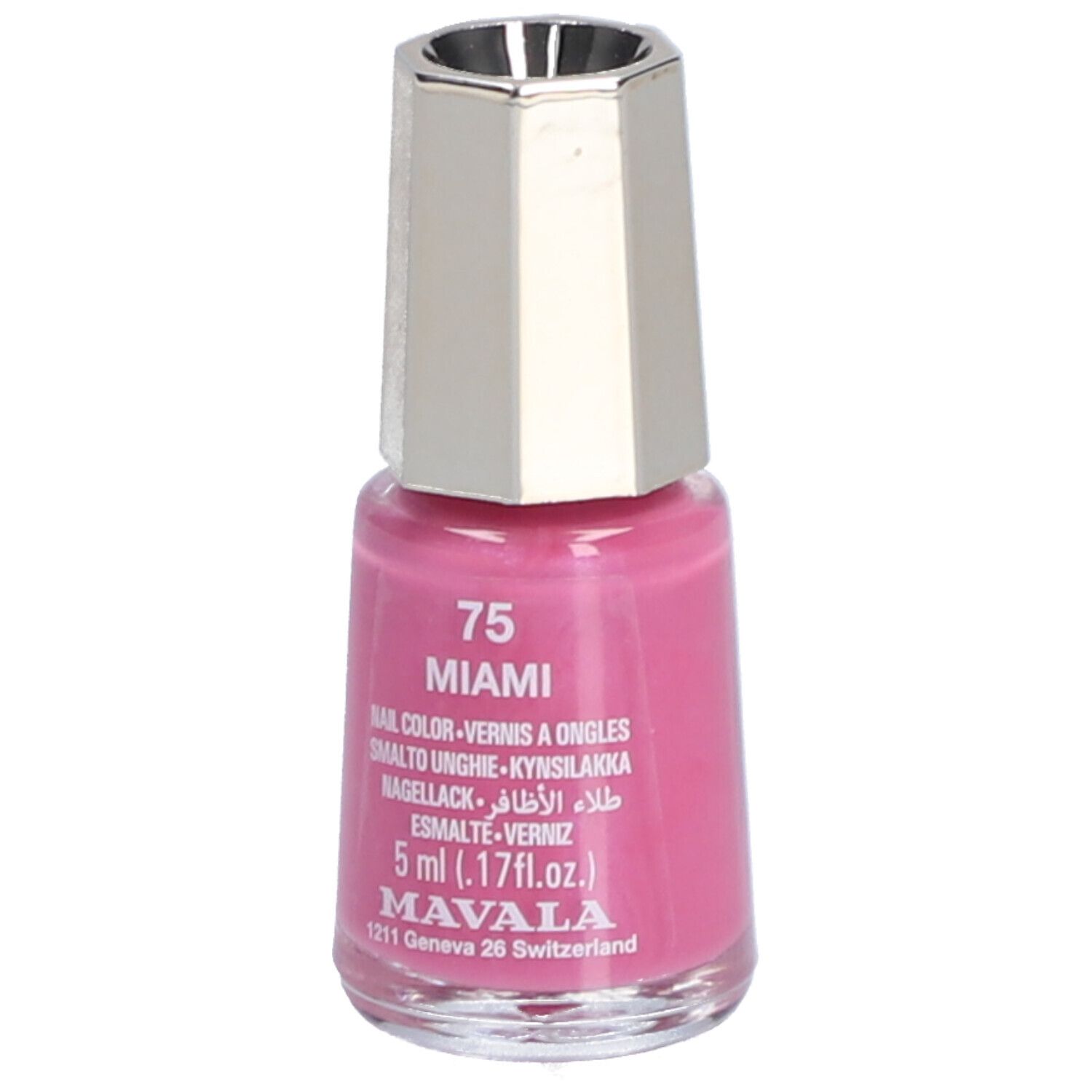 Flacon de vernis à ongles rose, bouchon argenté. Inscription : 75 Miami, vernis à ongles, 5 ml, Mavala.