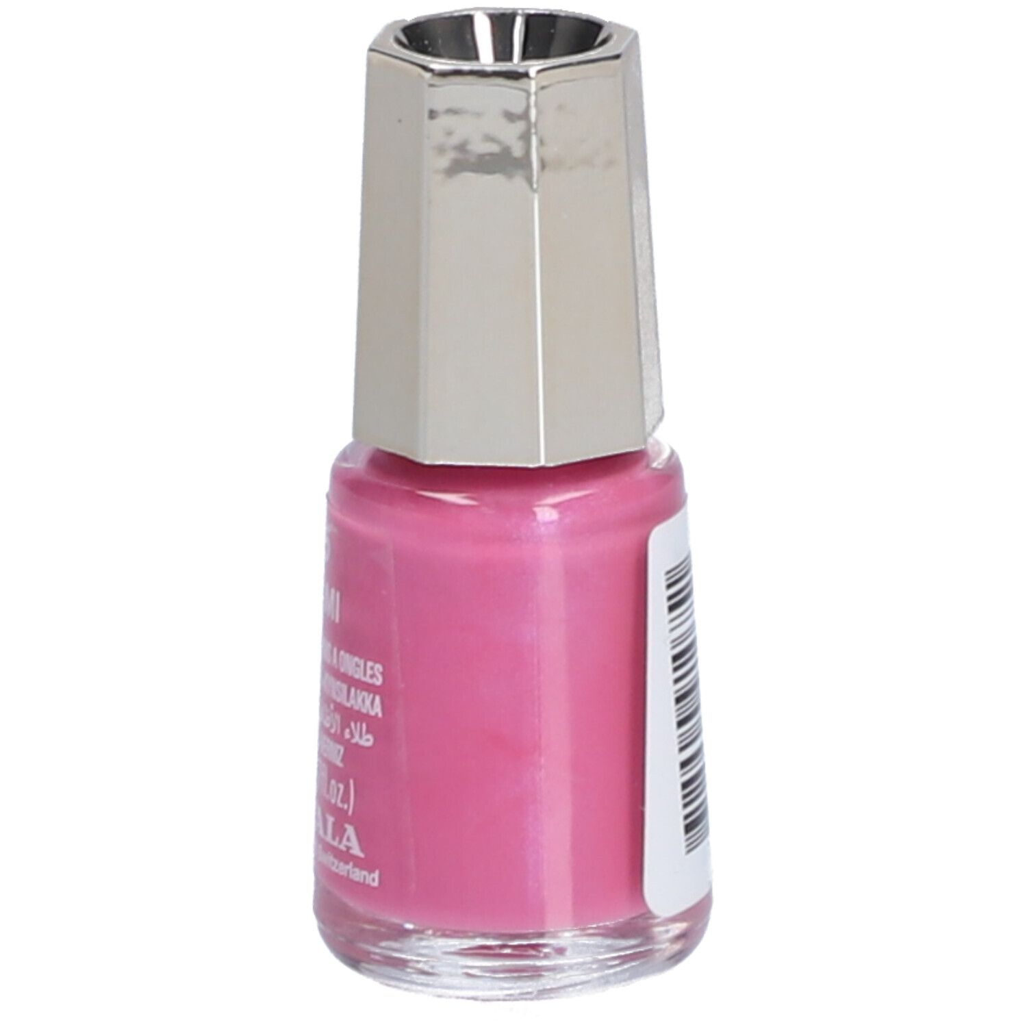 Flacon de vernis à ongles rose, bouchon argenté. Inscription : vernis à ongles, Mavala.