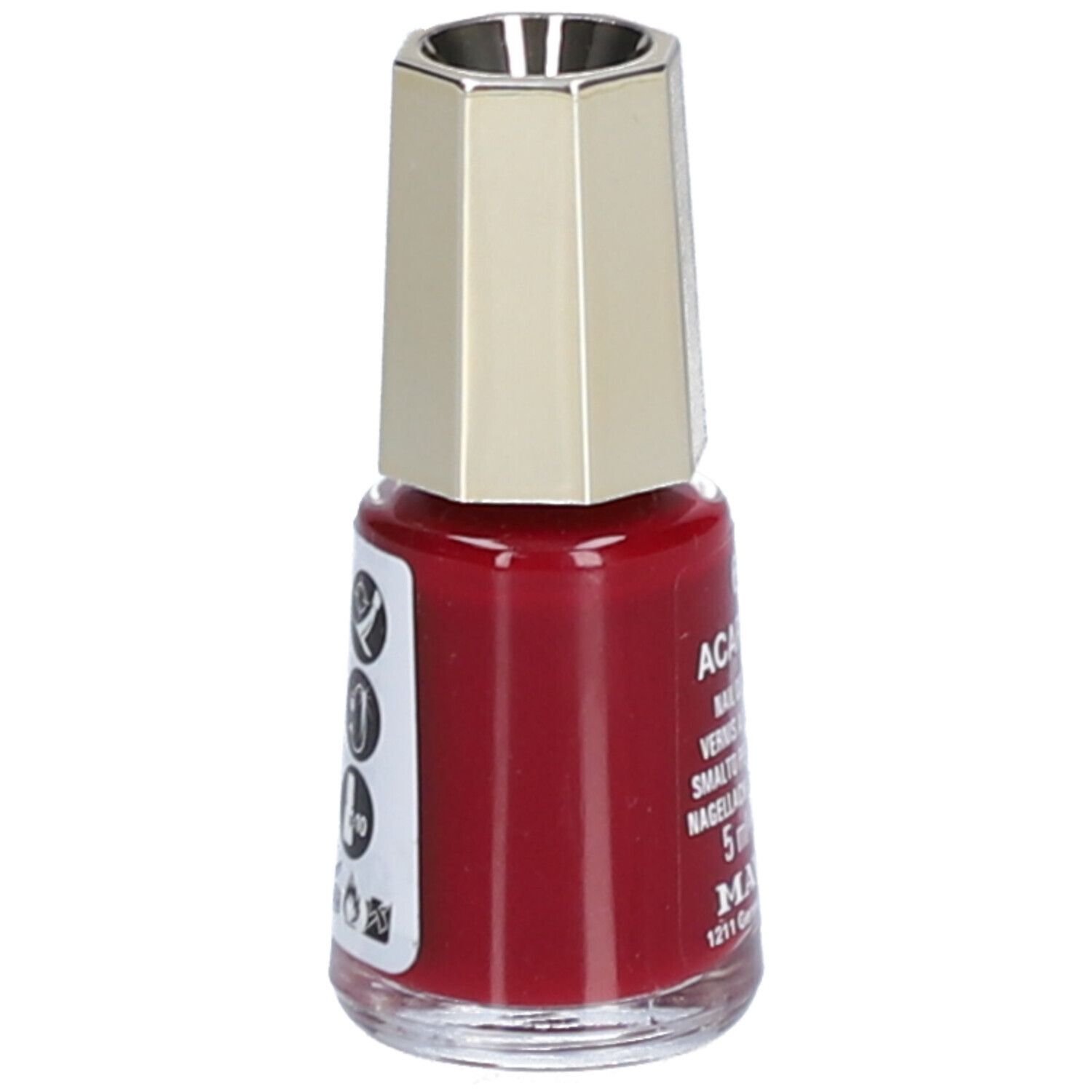 Flacon de vernis à ongles rouge. Inscription : Acapulco, Nail Color Cream, 5 ml, Mavala. Dos avec symboles.