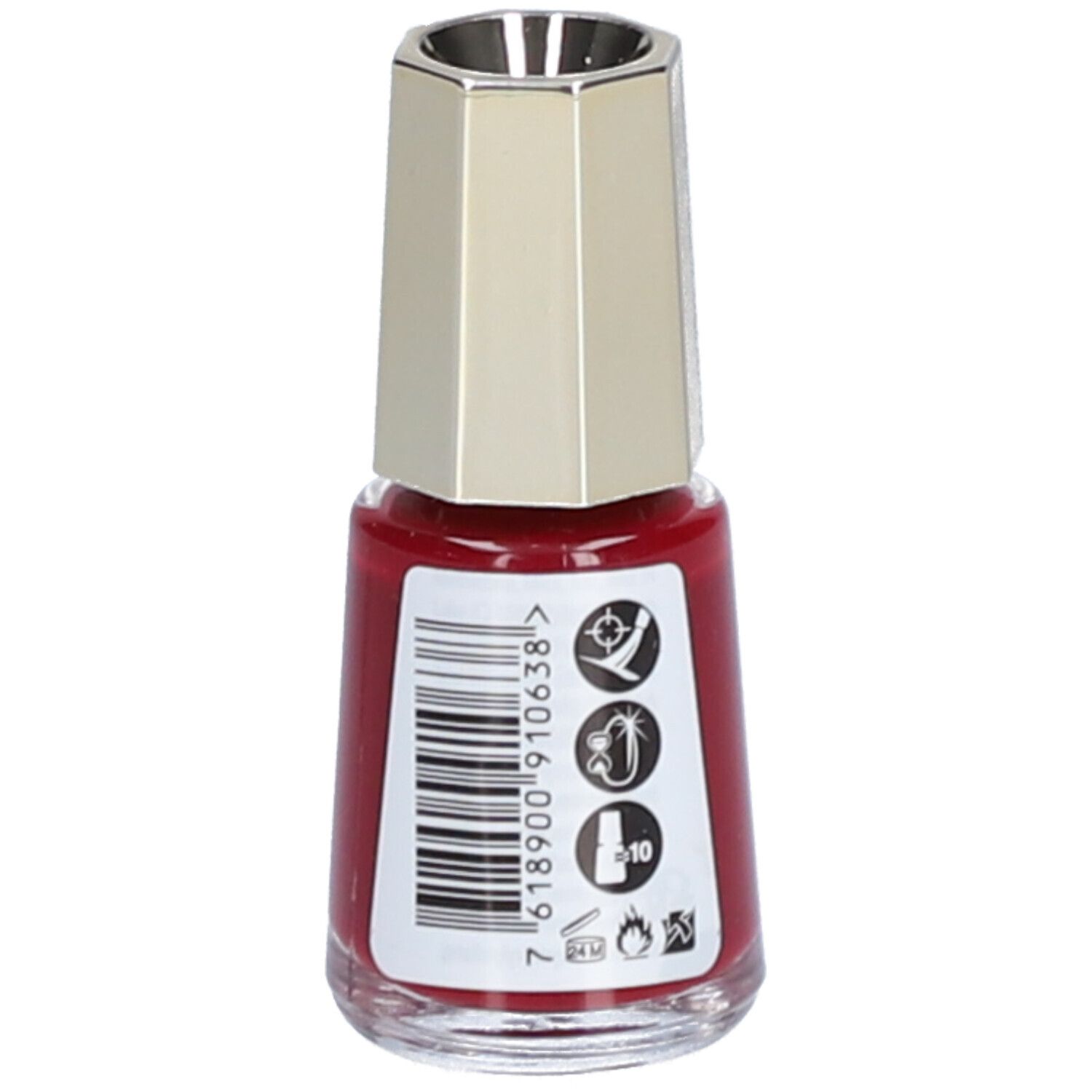 Flacon de vernis à ongles rouge. Dos avec code-barres et symboles. Inscription : 10, 24M, Mavala.