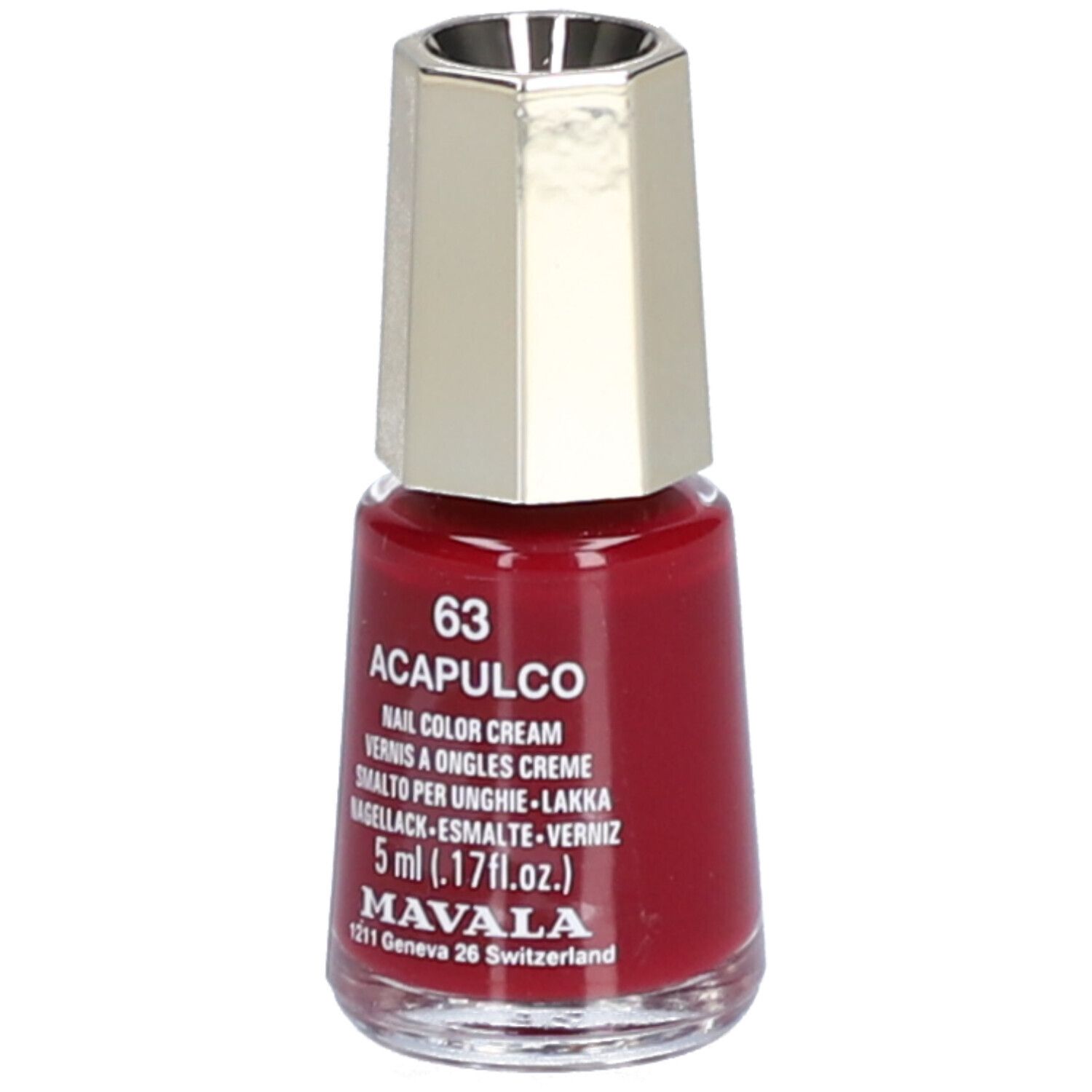 Flacon de vernis à ongles rouge. Inscription : 63 Acapulco, Nail Color Cream, 5 ml, Mavala.