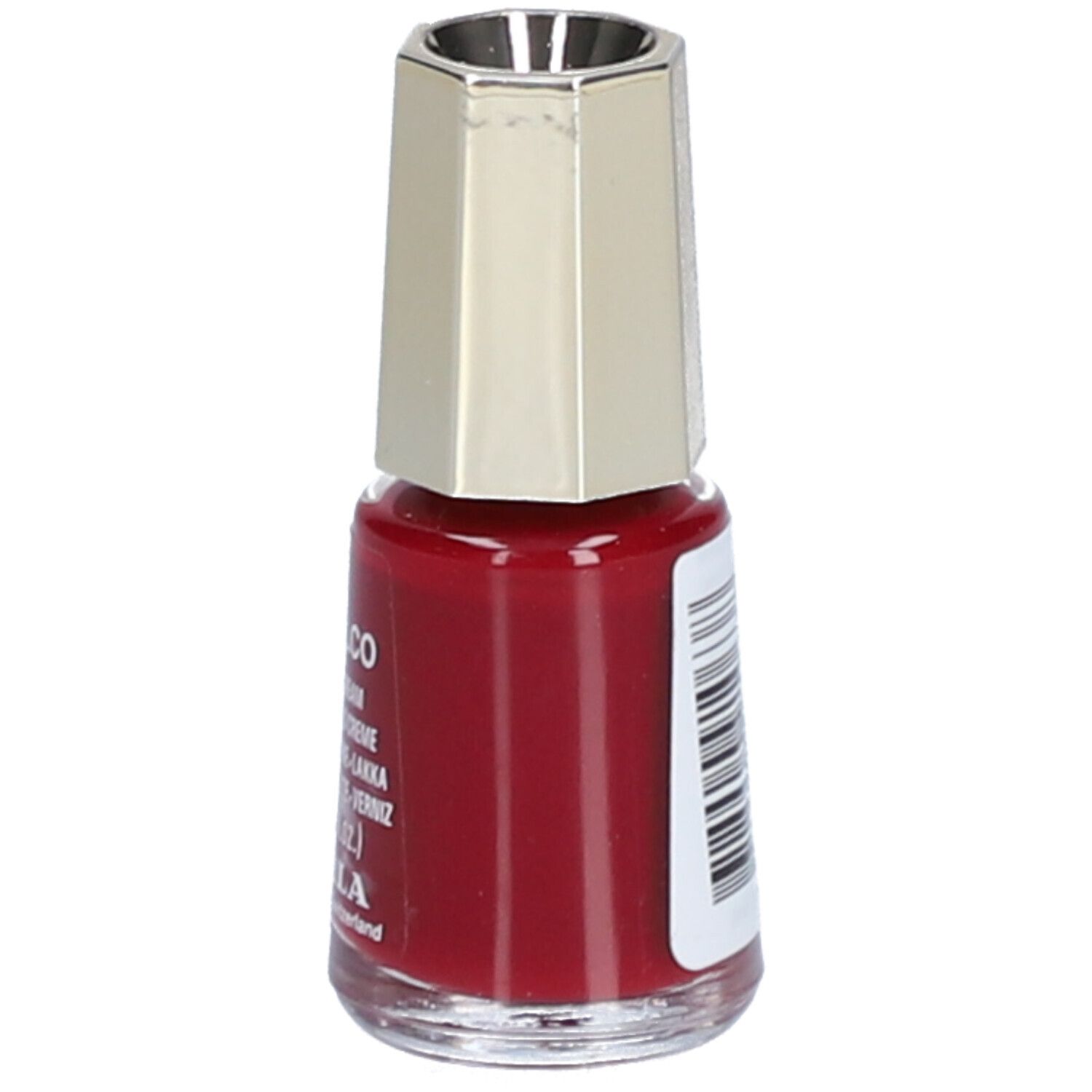 Flacon de vernis à ongles rouge. Dos avec code-barres. Inscription : Acapulco, Nail Color Cream, Mavala.