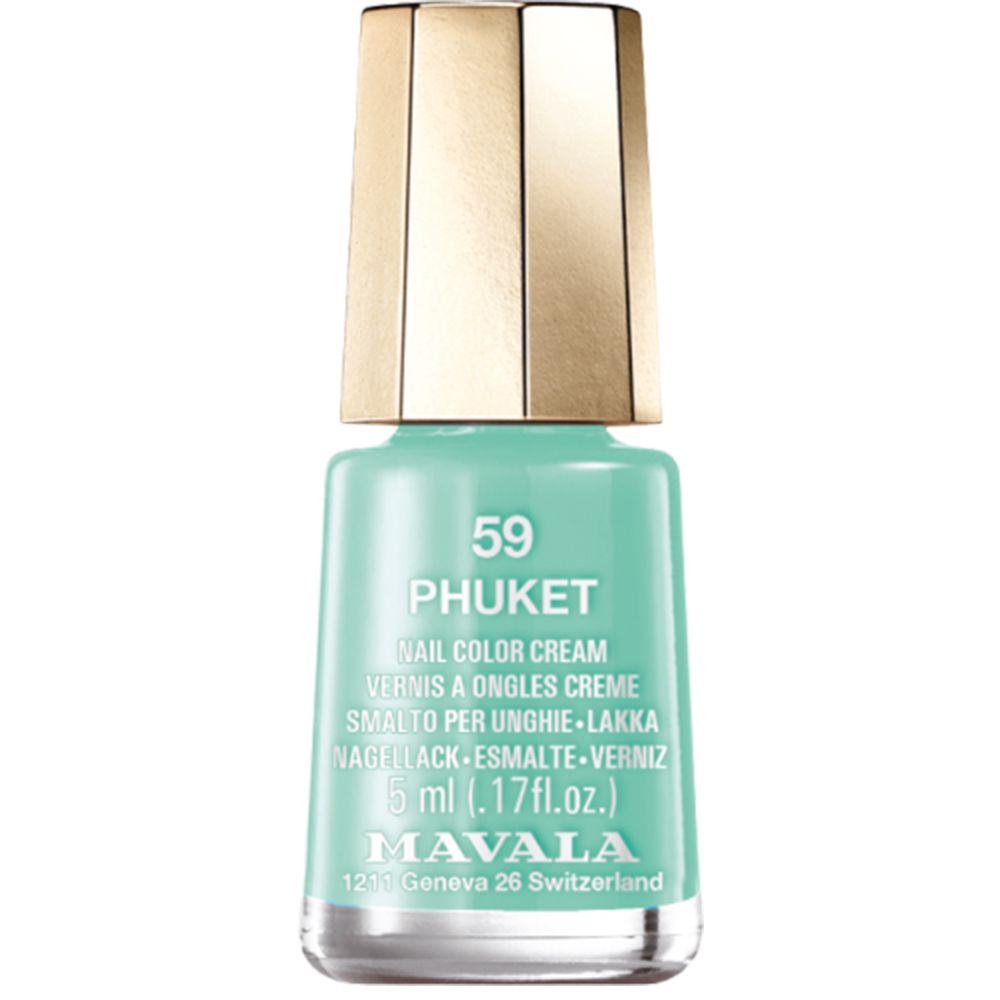 Flacon de vernis à ongles turquoise avec bouchon doré. Inscription : 59 Phuket, Nail Color Cream, 5 ml, MAVALA.