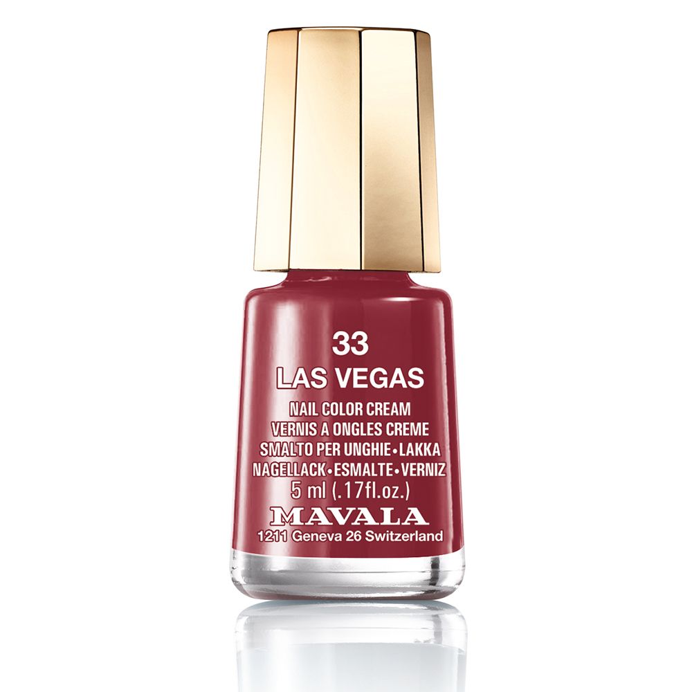 Nagellakfles, roodbruine kleur, gouden dop. Opschrift: 33 Las Vegas, nagellak, 5 ml.
