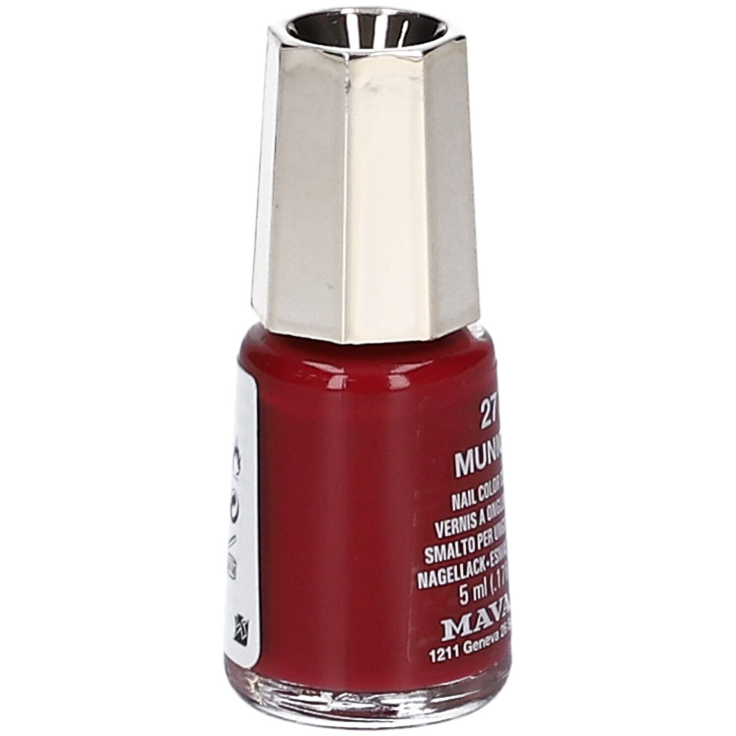 Nagellackflasche, rotbraune Farbe. Goldfarbener Deckel, silberfarbener Verschluss. Rückseite mit Etikett und Text.