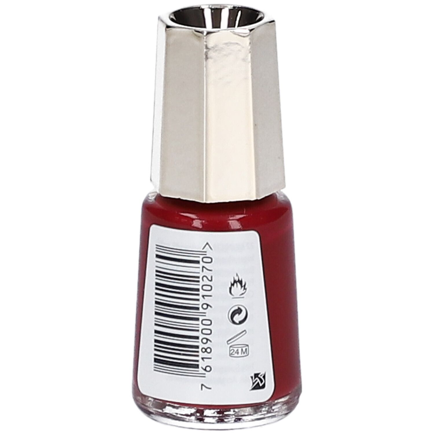 Nagellackflasche, rotbraune Farbe. Goldfarbener Deckel, silberfarbener Verschluss. Rückseite mit Barcode und Symbolen.