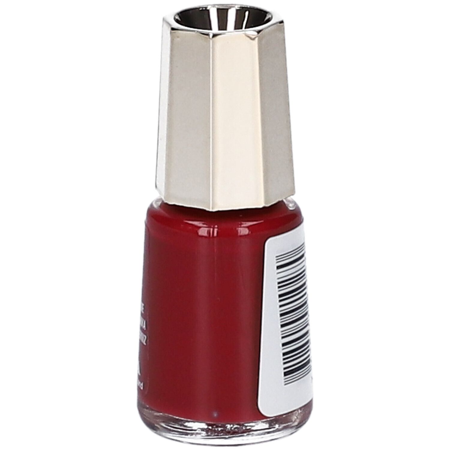 Nagellackflasche, rotbraune Farbe. Goldfarbener Deckel, silberfarbener Verschluss. Beschriftung: 27 Munich, 5 ml.