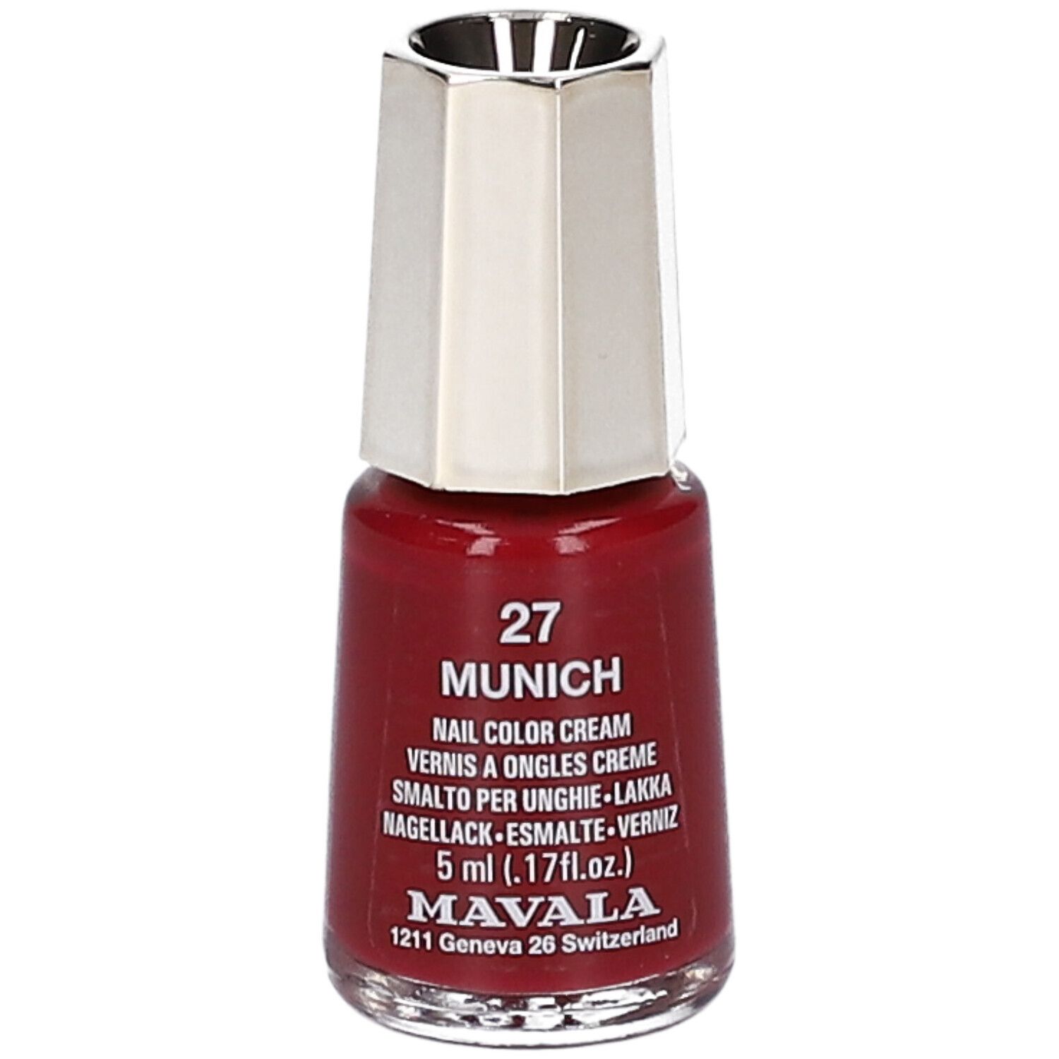 Nagellackflasche, rotbraune Farbe. Goldfarbener Deckel, silberfarbener Verschluss. Beschriftung: 27 Munich, 5 ml.