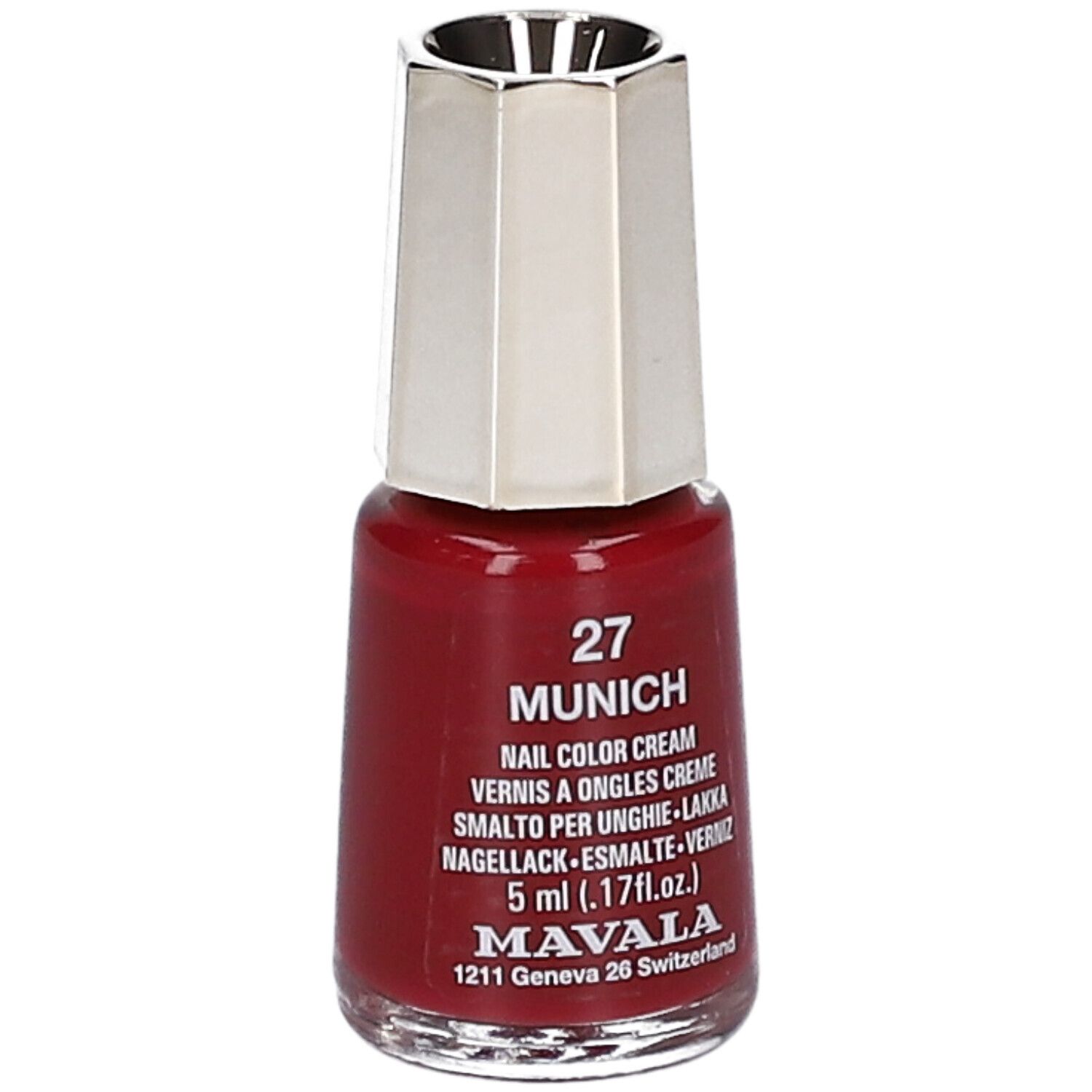 Nagellackflasche, rotbraune Farbe. Goldfarbener Deckel, silberfarbener Verschluss. Beschriftung: 27 Munich, 5 ml.