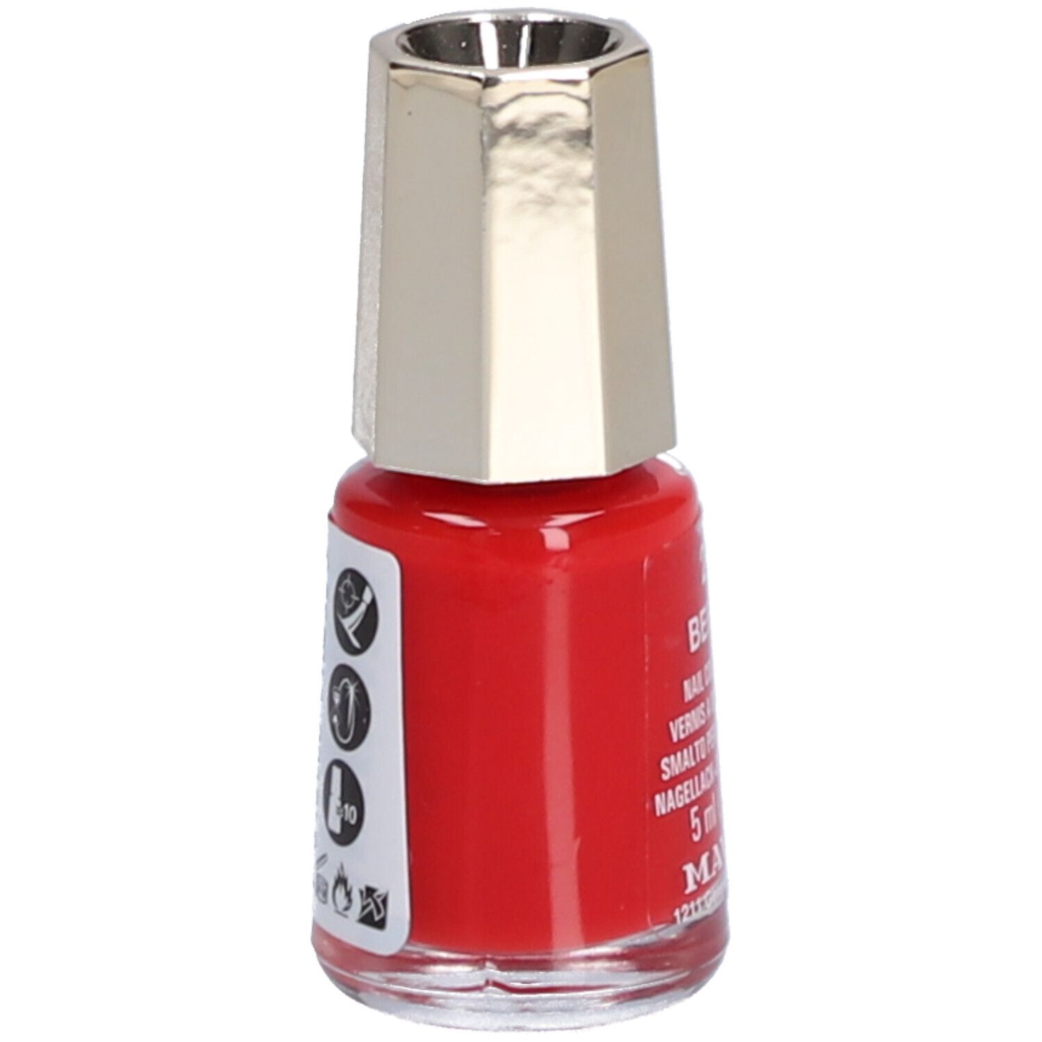Flacon de vernis à ongles rouge avec bouchon argenté. Symboles et texte sur le côté.