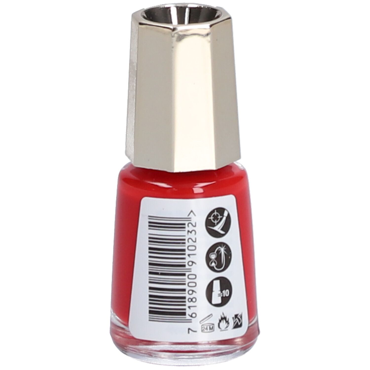 Flacon de vernis à ongles rouge avec bouchon argenté. Code-barres et symboles sur le côté.
