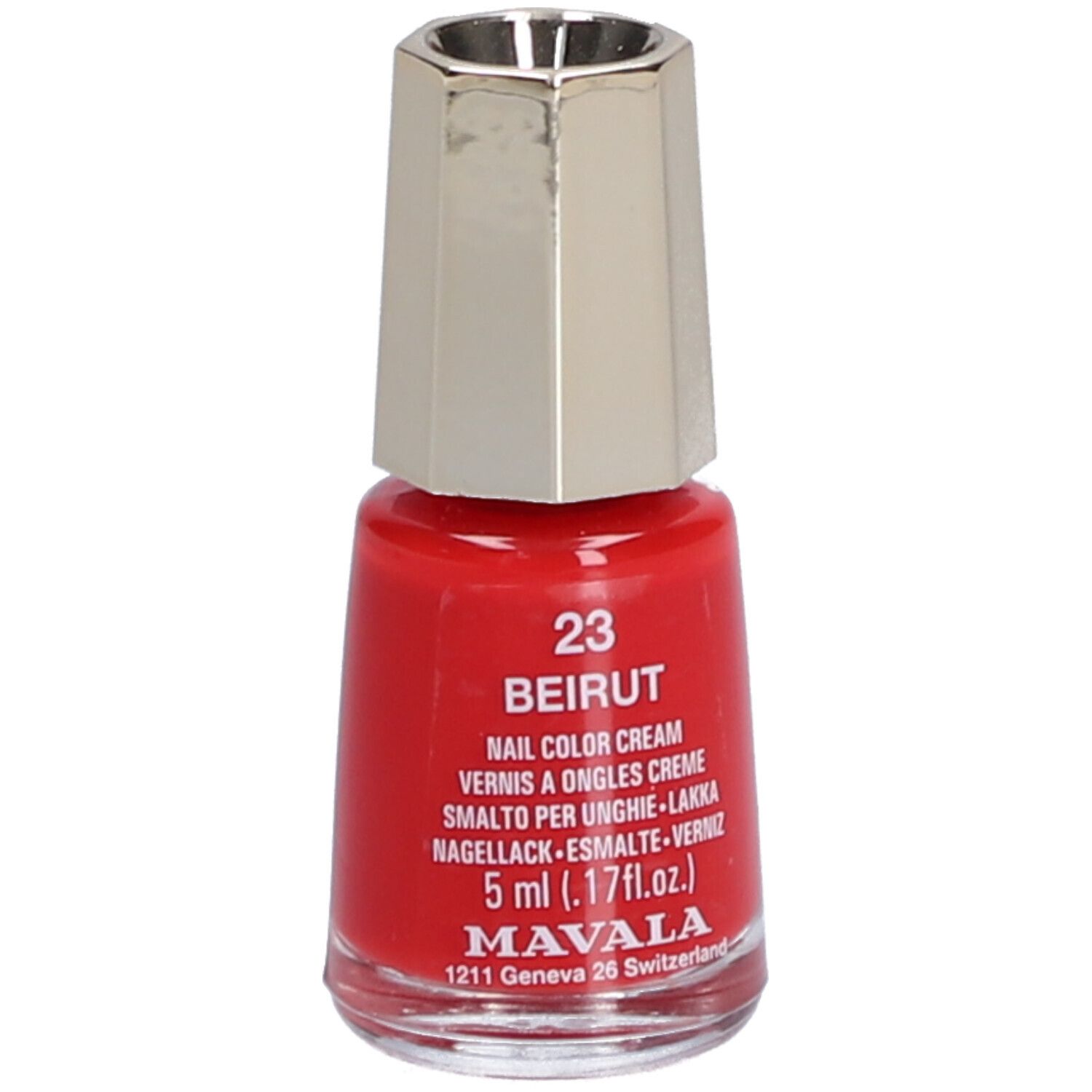 Flacon de vernis à ongles rouge avec bouchon argenté. Inscription: 23 Beirut, Nail Color Cream, 5 ml, Mavala.