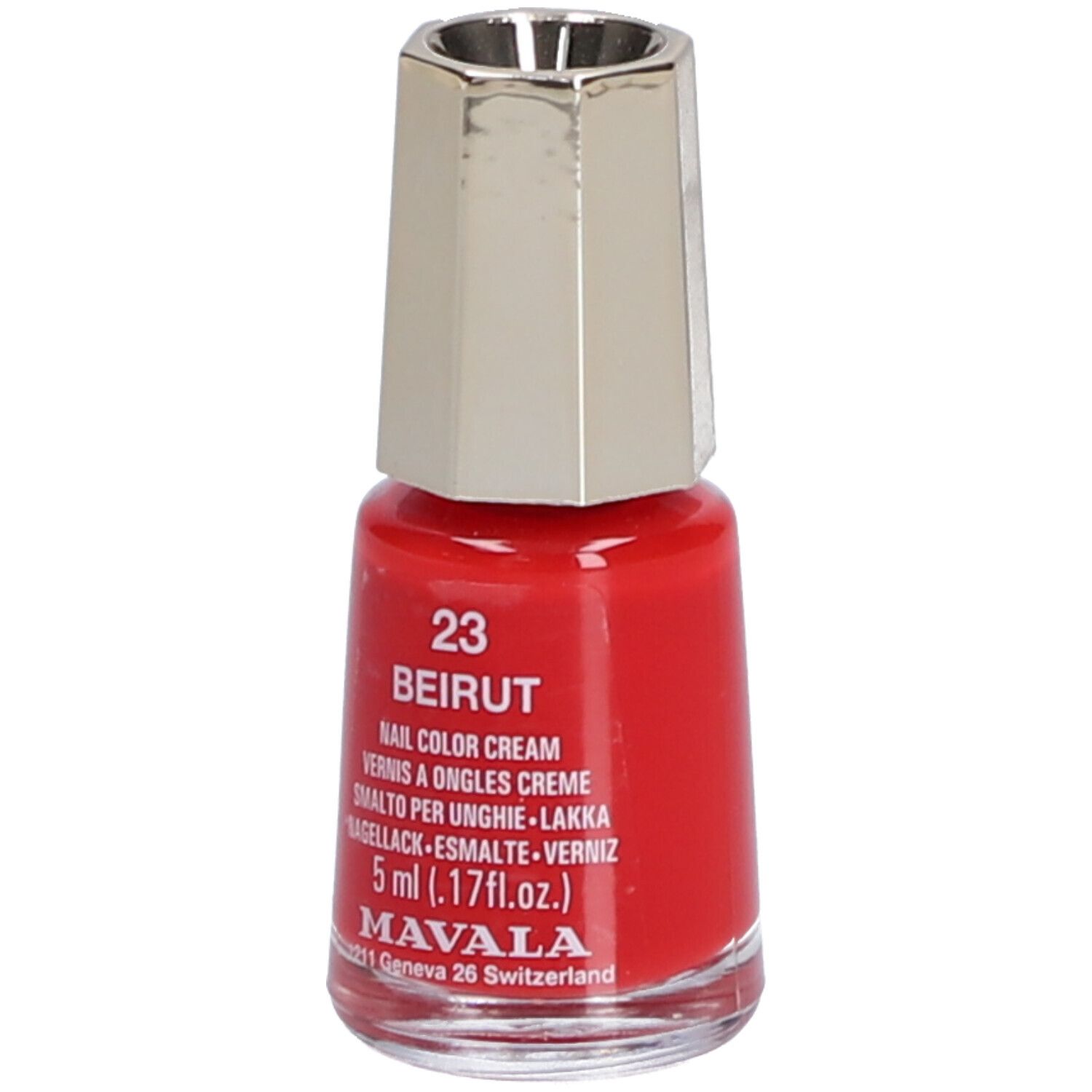 Flacon de vernis à ongles rouge avec bouchon argenté. Inscription: 23 Beirut, Nail Color Cream, 5 ml, Mavala.