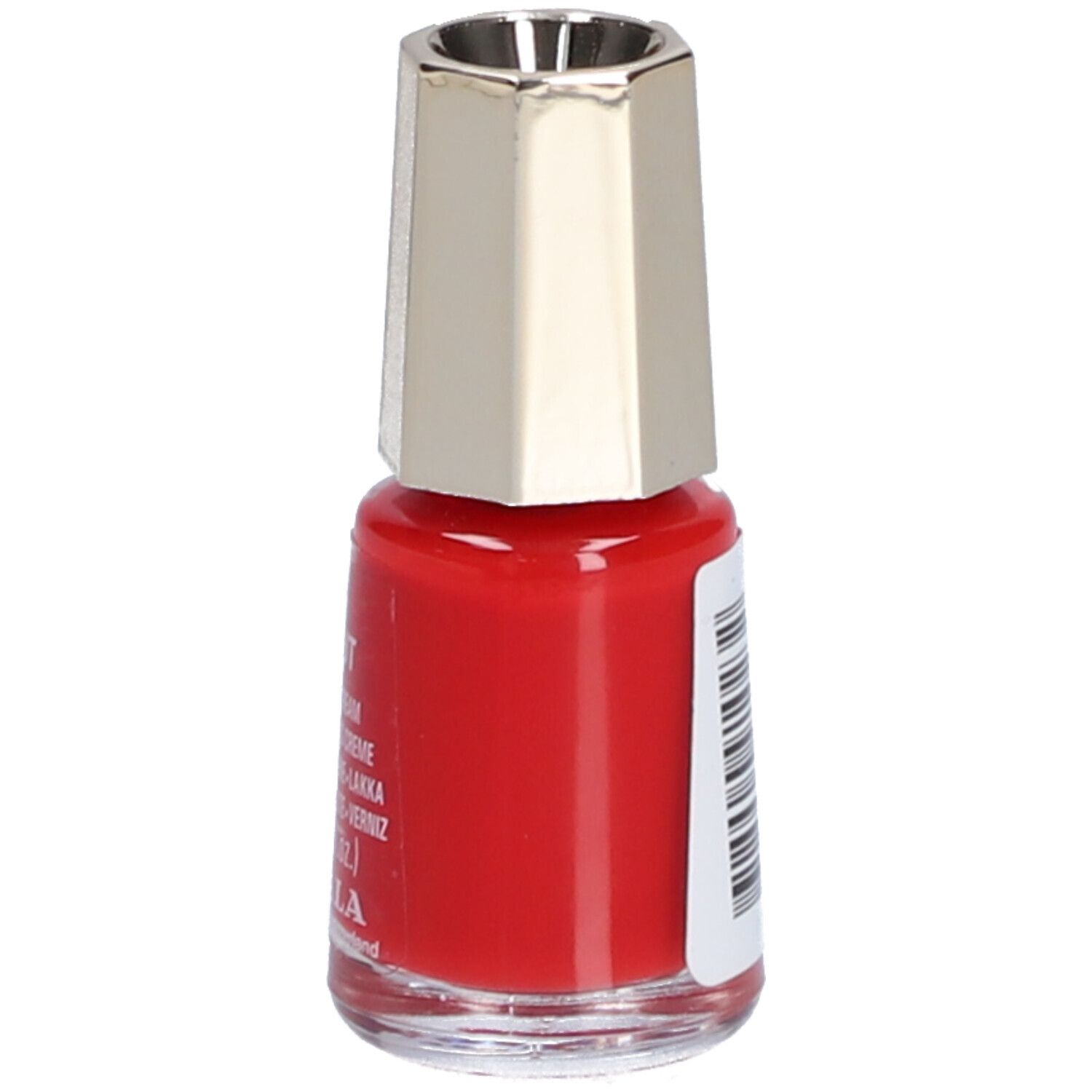 Flacon de vernis à ongles rouge avec bouchon argenté. Texte sur le côté.