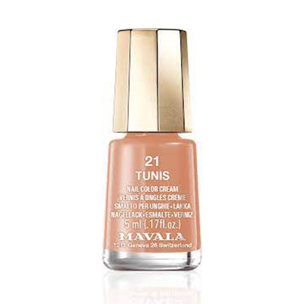 Flacon de vernis à ongles, couleur 21 Tunis. Bouchon doré. Inscription: Mavala, 5 ml.