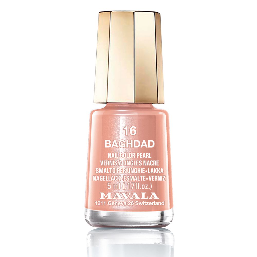 Flacon de vernis à ongles rose clair avec bouchon doré. Inscription : 16 Baghdad, Mavala Mini Farbe.