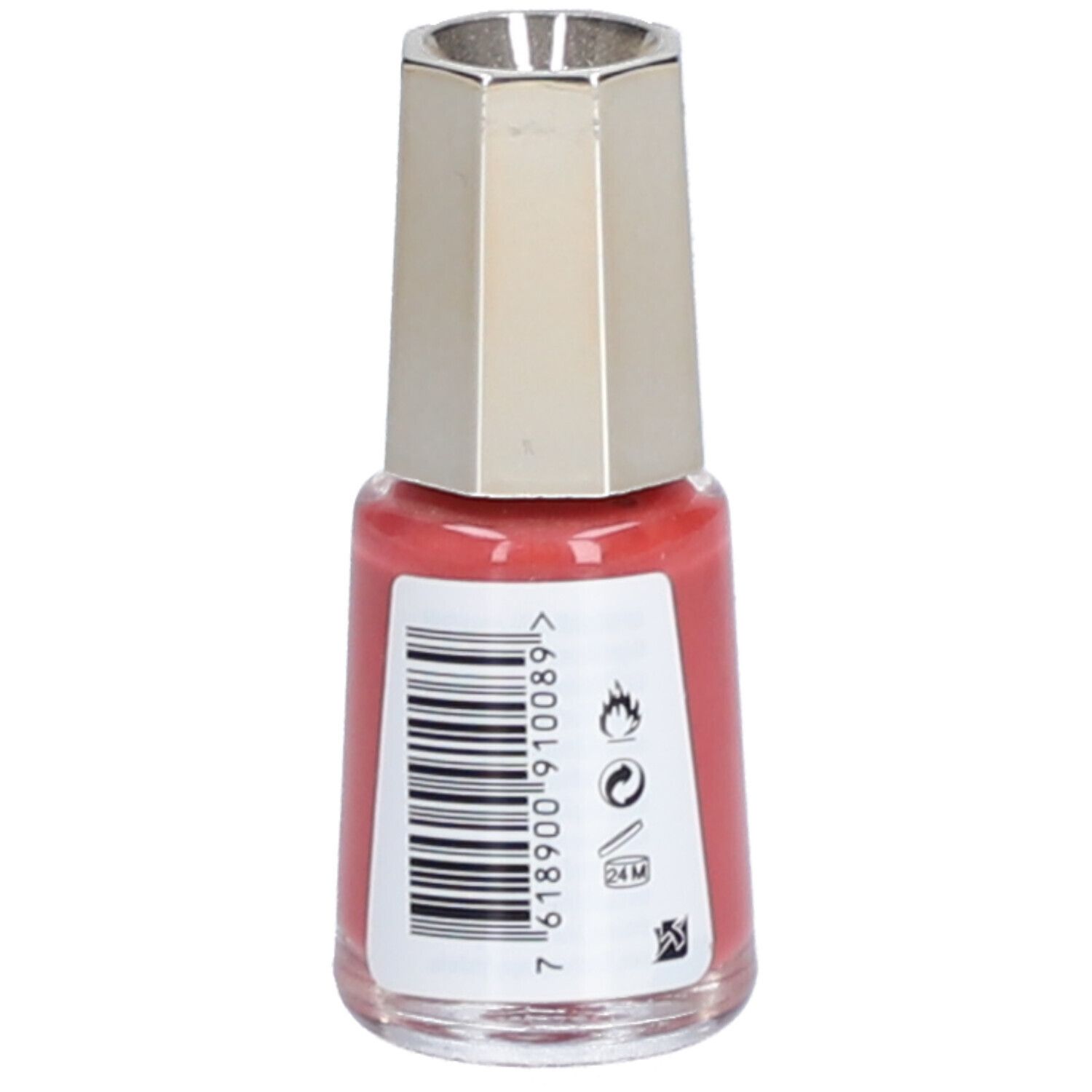 Nagellackflasche, rot. Aufkleber mit Barcode und Symbolen. Marke: Mavala.