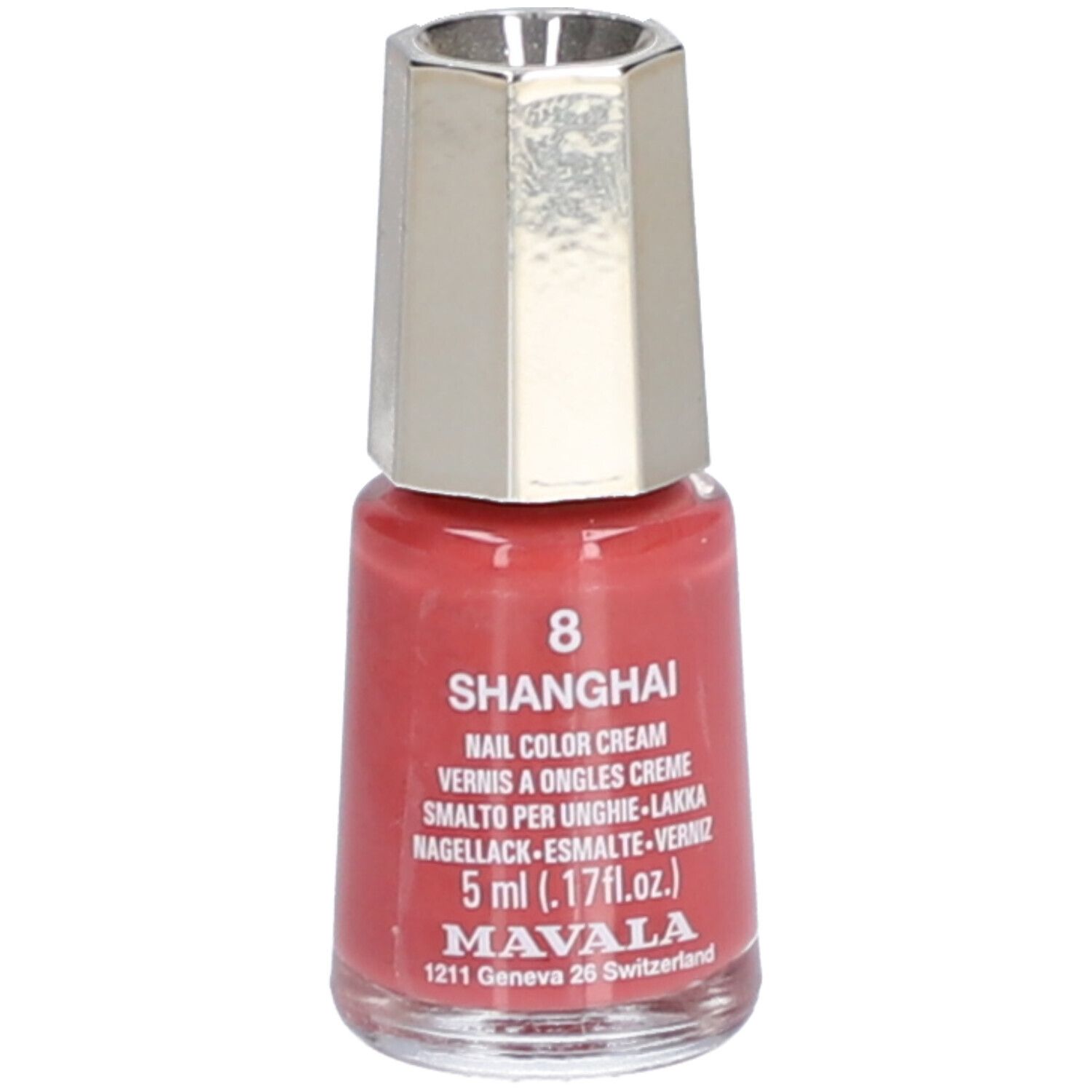 Nagellackflasche, rot. Bezeichnung: 8 Shanghai, Nail Color Cream, 5 ml. Marke: Mavala.