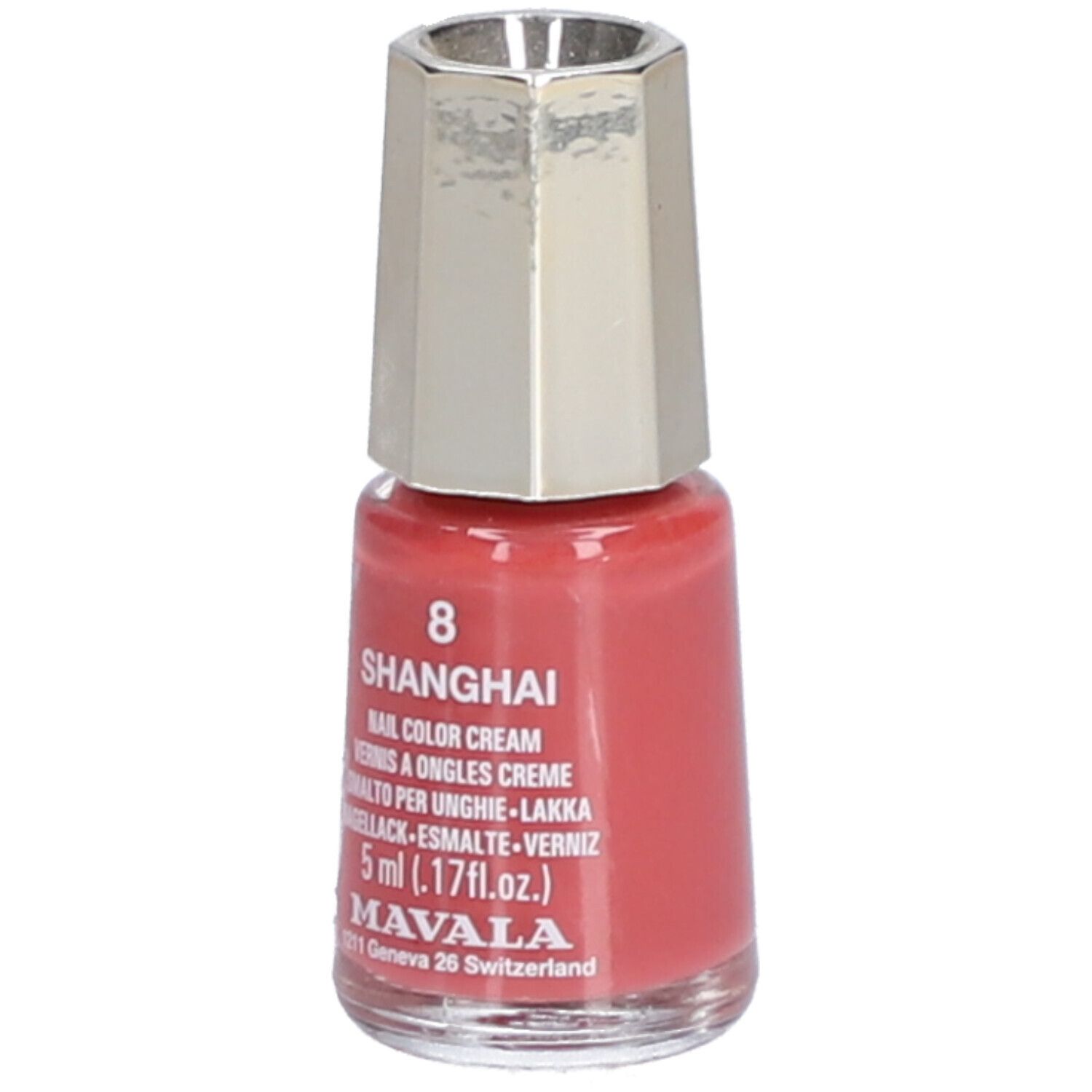 Nagellackflasche, rot. Bezeichnung: 8 Shanghai, Nail Color Cream, 5 ml. Marke: Mavala.