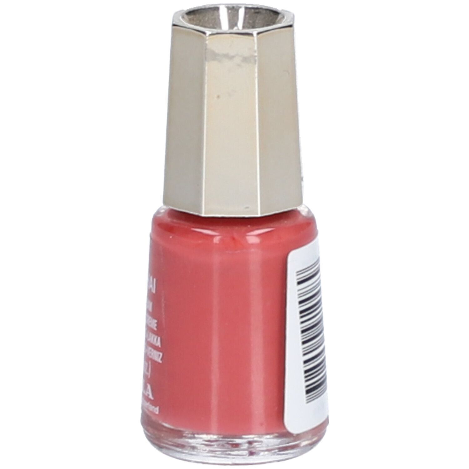 Nagellackflasche, rot. Aufkleber mit Barcode. Marke: Mavala.