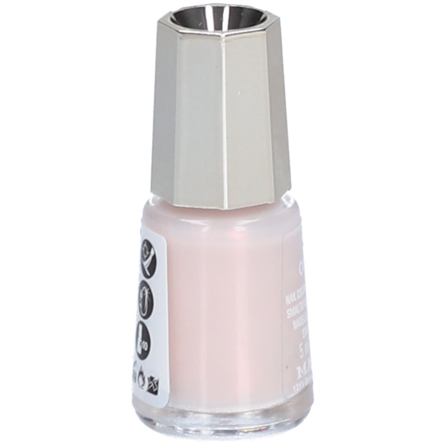 Flacon de vernis à ongles rose, bouchon argenté. Symboles et texte au dos.