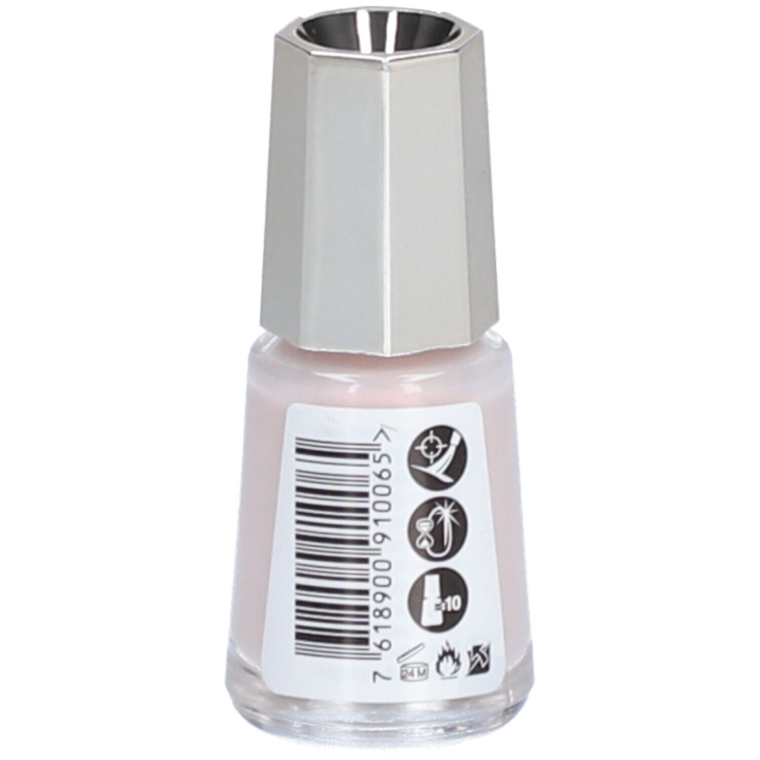 Flacon de vernis à ongles rose, bouchon argenté. Dos avec code-barres et symboles.