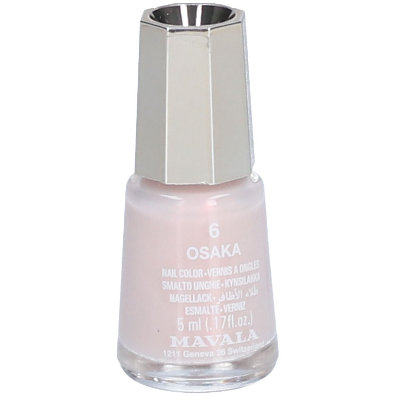 Flacon de vernis à ongles rose, bouchon argenté. Inscriptions: Osaka, 6, 5 ml, Mavala.