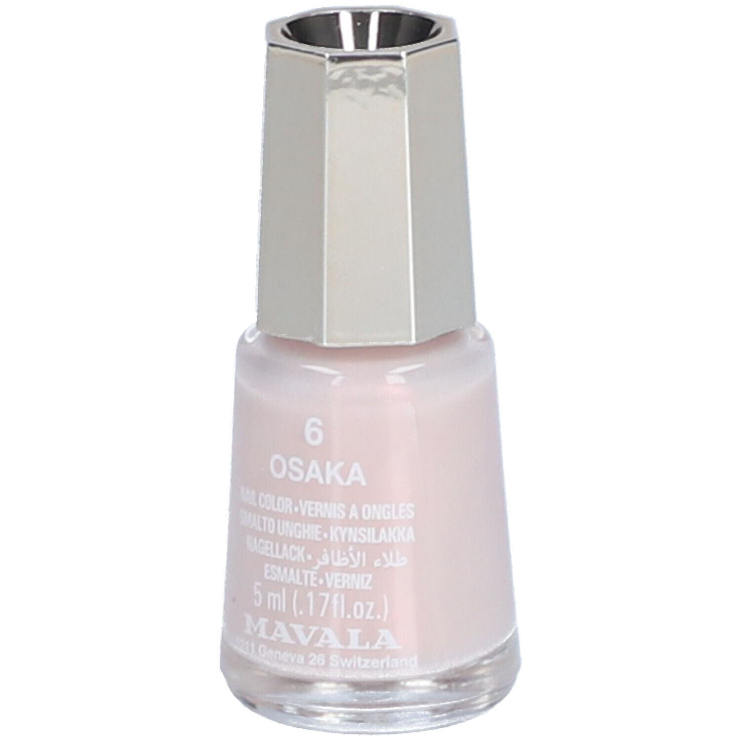 Flacon de vernis à ongles rose, bouchon argenté. Inscriptions: Osaka, 6, 5 ml, Mavala.