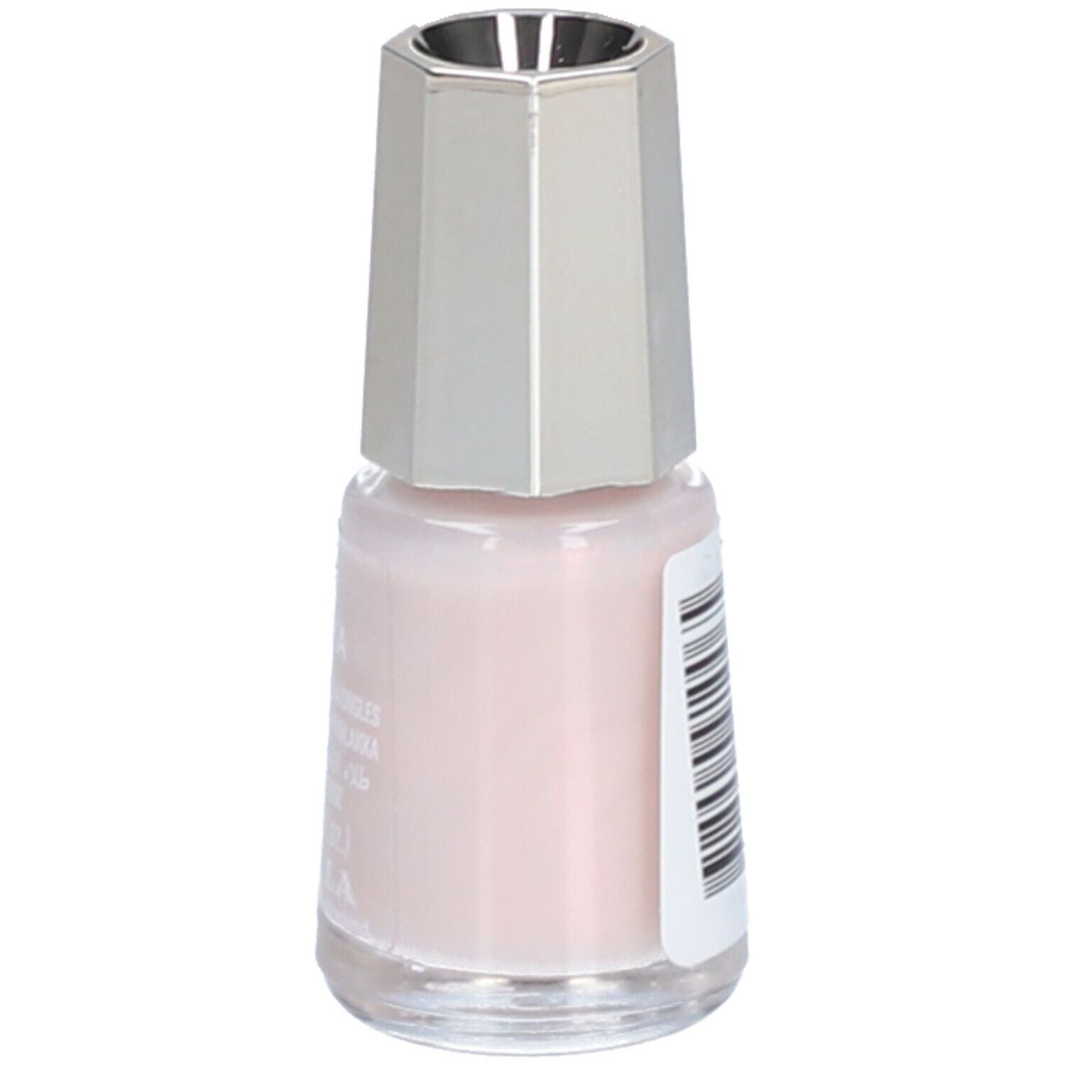 Flacon de vernis à ongles rose, bouchon argenté. Dos avec code-barres.
