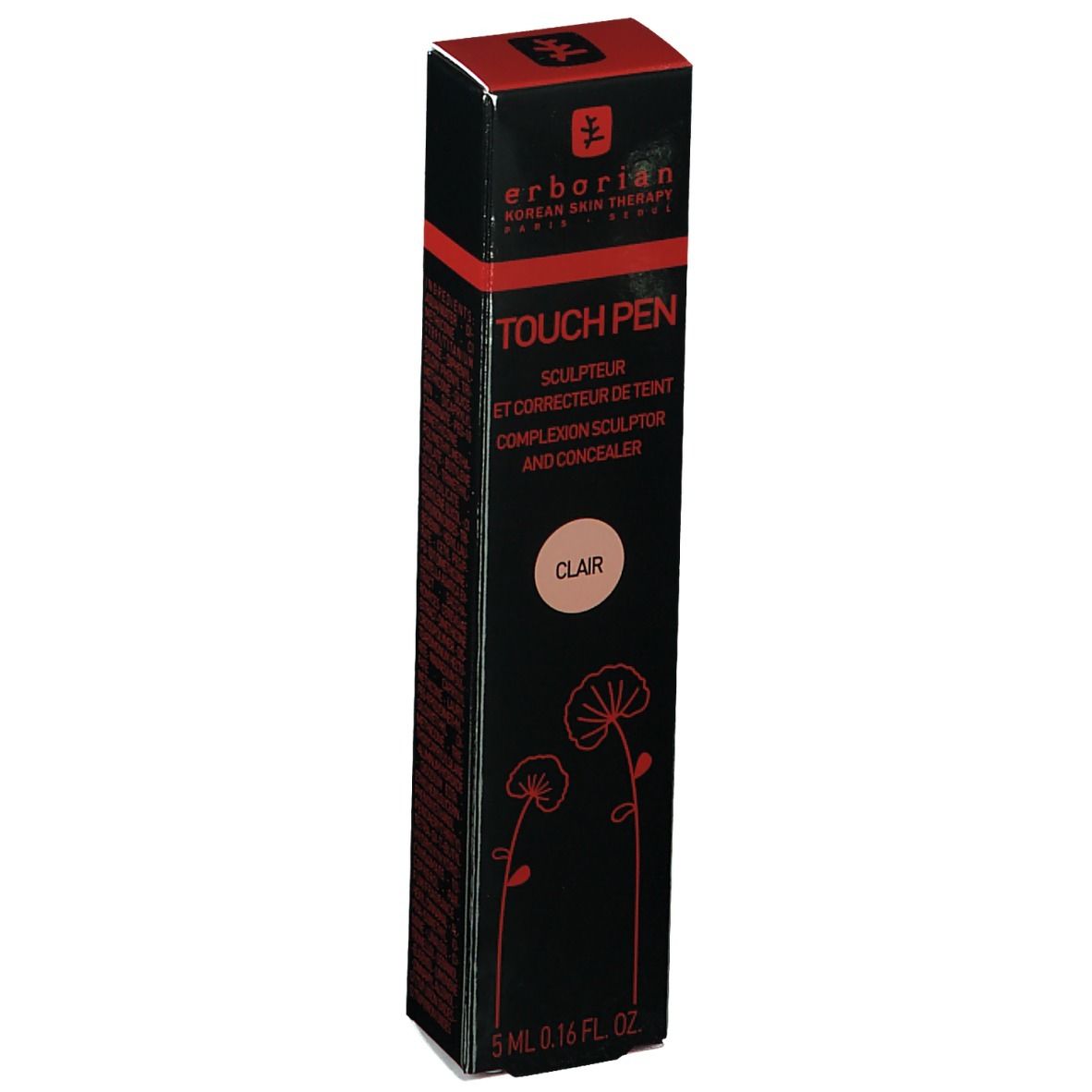 Emballage noir avec texte rouge. Contient "Touch Pen" et "Clair". Marque : erborian. 5 ml.