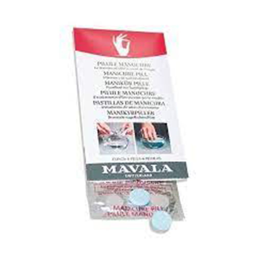 Emballage de comprimés. MAVALA Maniküre Pille, comprimés bleus. Nom du produit et logo visibles.
