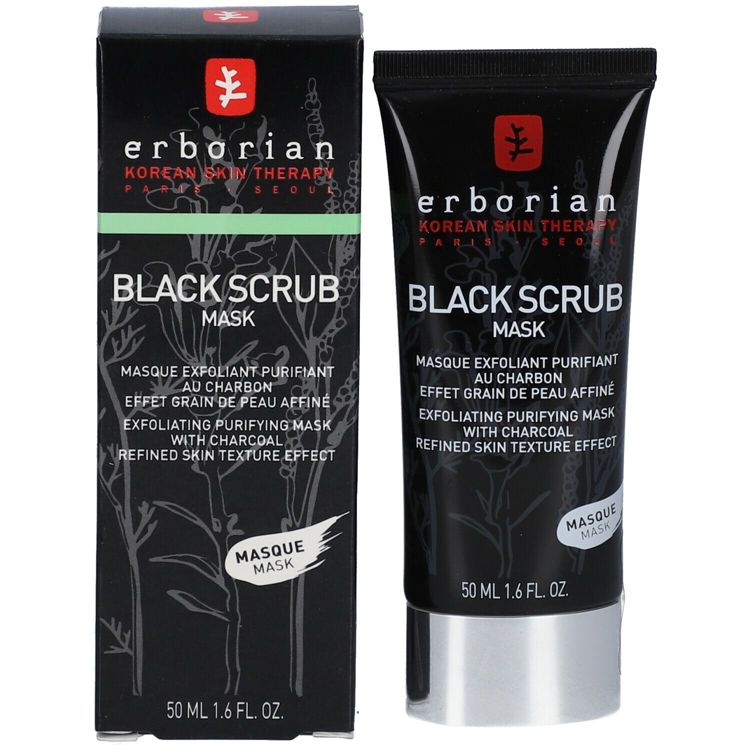 Erborian Black Scrub Mask. Schwarze Tube und Schachtel. 50 ml. Schwarze Verpackung mit weißer Schrift.