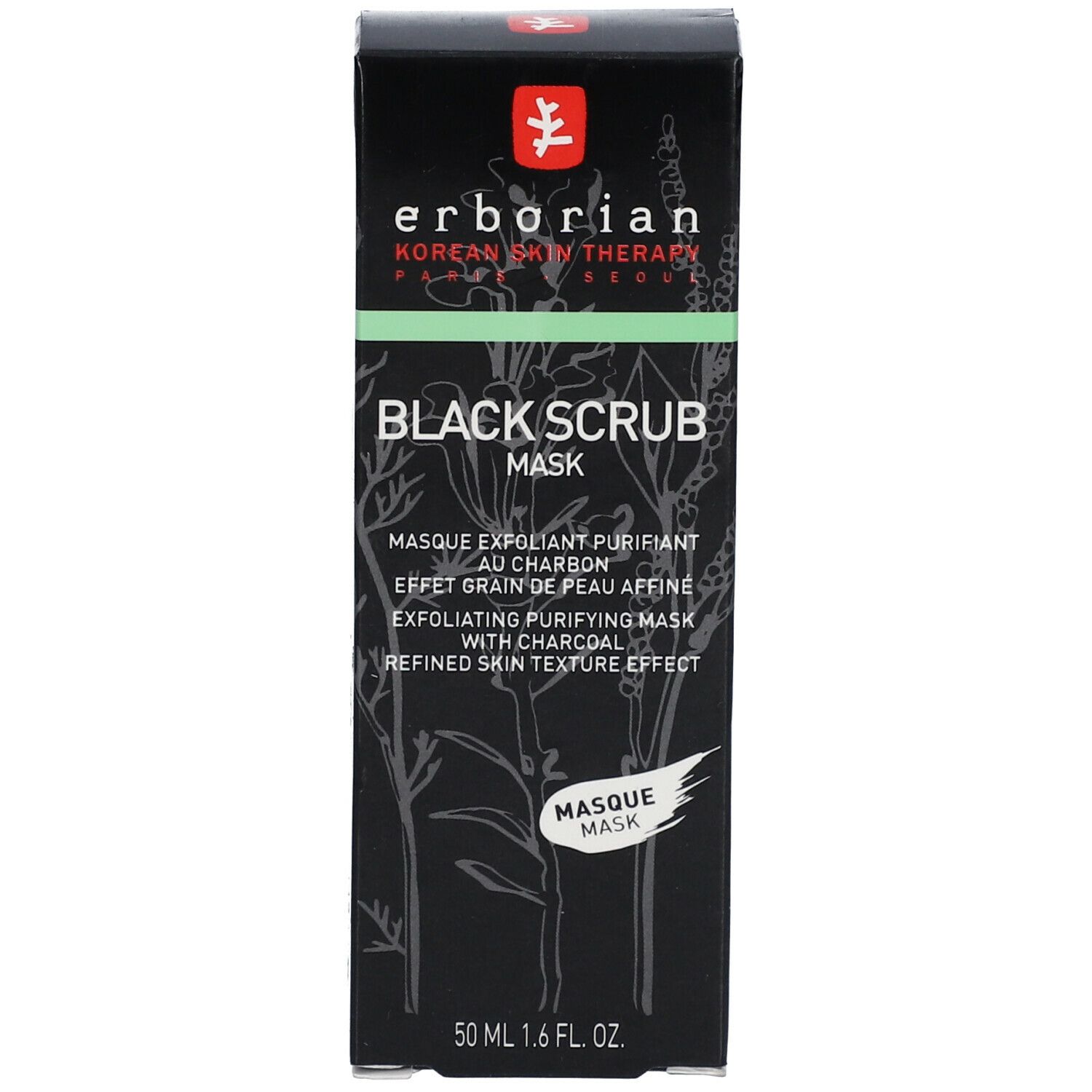 Schwarze Schachtel mit Produktinformationen. Erborian Black Scrub Mask. 50 ml. Grüne Akzente.