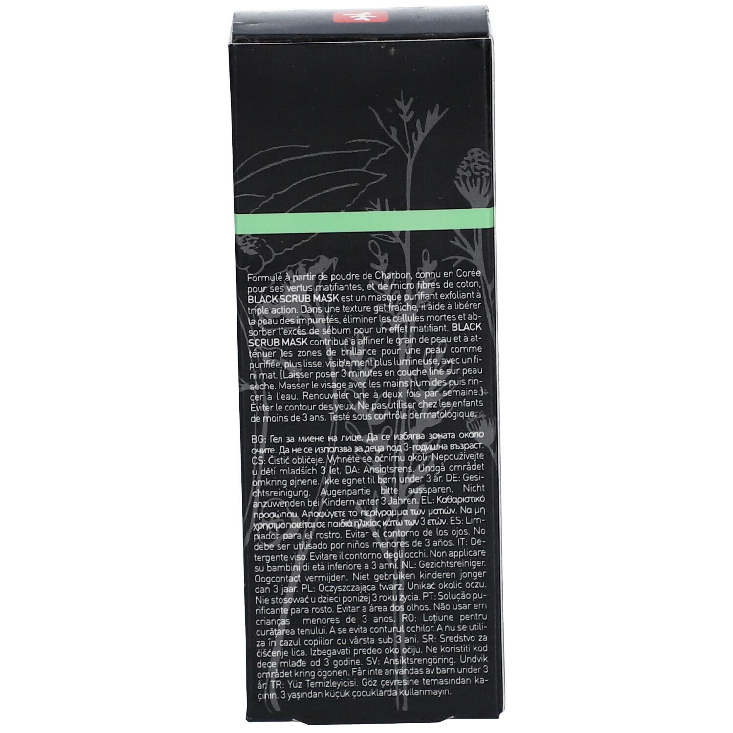 Seitenansicht der schwarzen Schachtel. Text in mehreren Sprachen. Erborian Black Scrub Mask.